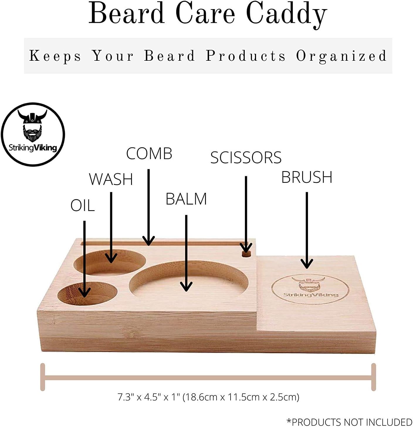 Striking Viking Bamboo Beard Kit Organizer - 7.3 in x 4.5 in x 1 in - Beard Care Caddy for Oil & Balm - Comb Brush Holder - Portable Grooming Caddy Organizer