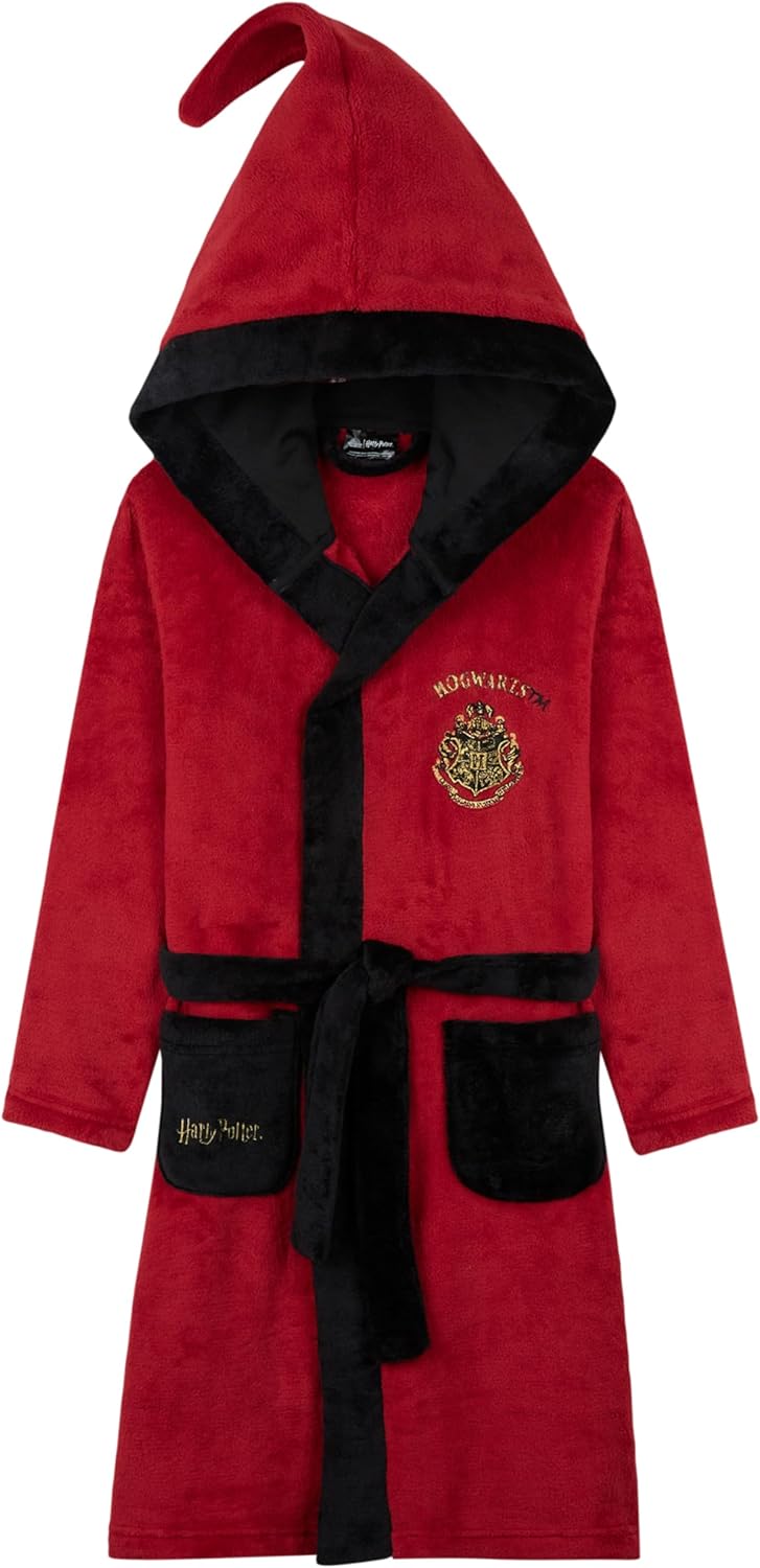 Harry Potter Kids Fleece Robe with Hood and Pockets, Cozy Tie Waist House Robes, Soft Lounge Bathrobe, Gifts for Girls Boys