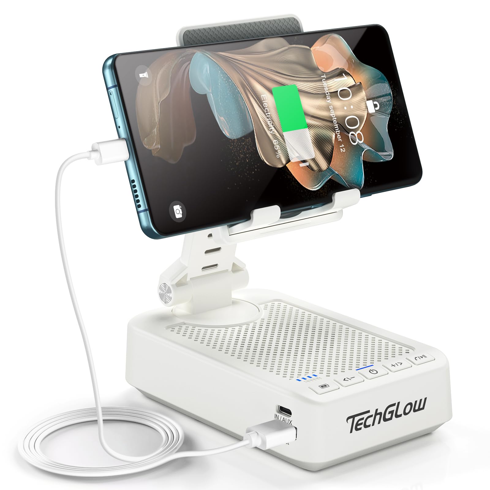 TechGlow Foldable Cellphone Stand with Bluetooth Speaker Charging Function 360° Rotatable Phone Stand Birthday Gifts for Men Women Mother Father Cool Tech Gadgets