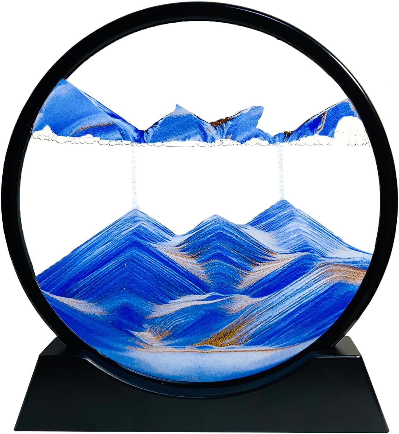 Moving Sand Art Liquid Motion - Moving Sand Art Picture 3D Deep Sea Sandscape, Round Glass Frame Display Flowing Sand Relaxing Toy for Desktop Home Office Work Ocean Decor(Blue, 7")