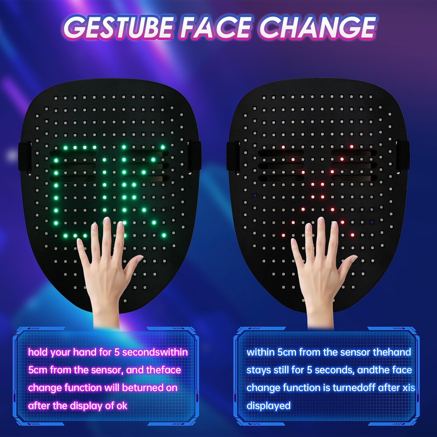 LED light mask with gesture sensing, unisex LED Halloween mask for costume role-playing party, masquerade ball