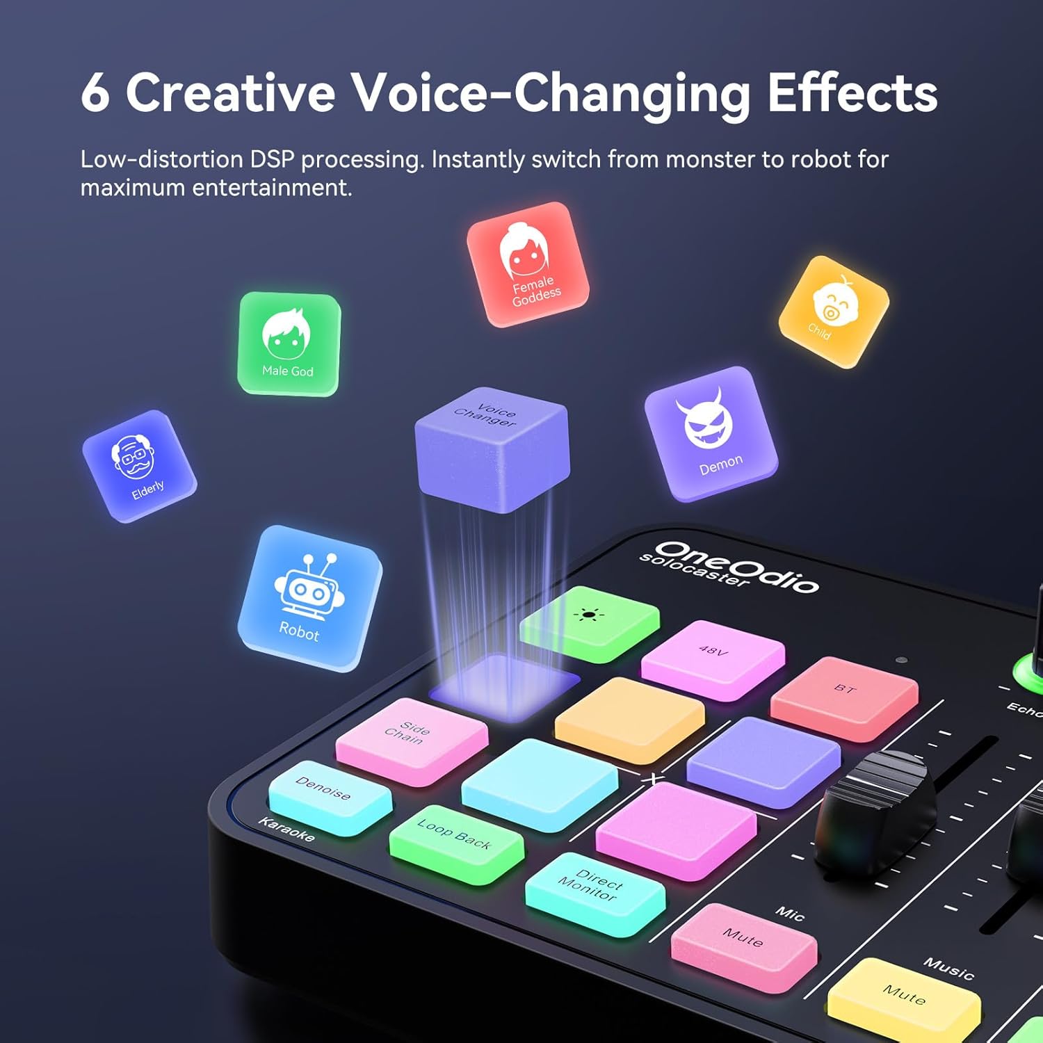 OneOdio Solocaster Gaming Audio Mixer - 5 Channel Interface with 48V Phantom Power, Bluetooth, RGB Lighting, 3.5mm/XLR/USB C, for Streaming/Podcast/Karaoke on PC, Mac, Mobile