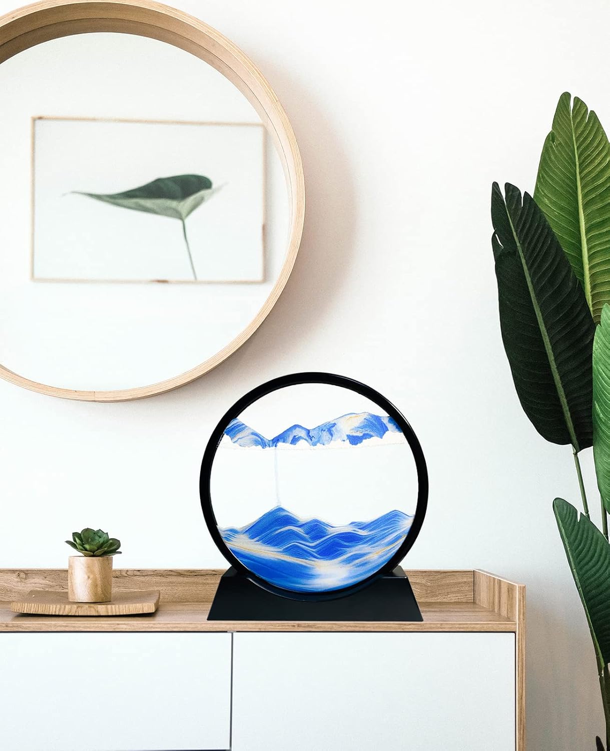 Moving Sand Art Liquid Motion - Moving Sand Art Picture 3D Deep Sea Sandscape, Round Glass Frame Display Flowing Sand Relaxing Toy for Desktop Home Office Work Ocean Decor(Blue, 7")
