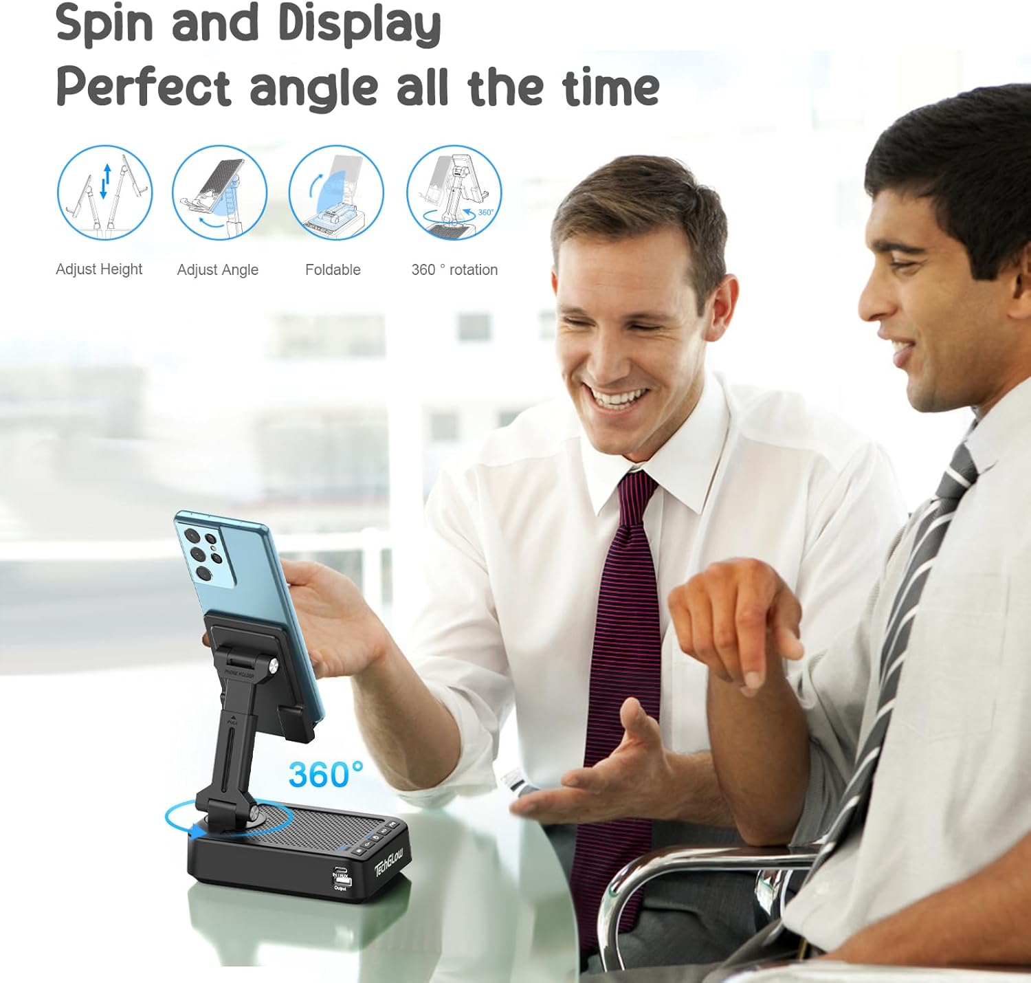 TechGlow Foldable Cellphone Stand with Bluetooth Speaker Charging Function 360° Rotatable Phone Stand Birthday Gifts for Men Women Mother Father Cool Tech Gadgets