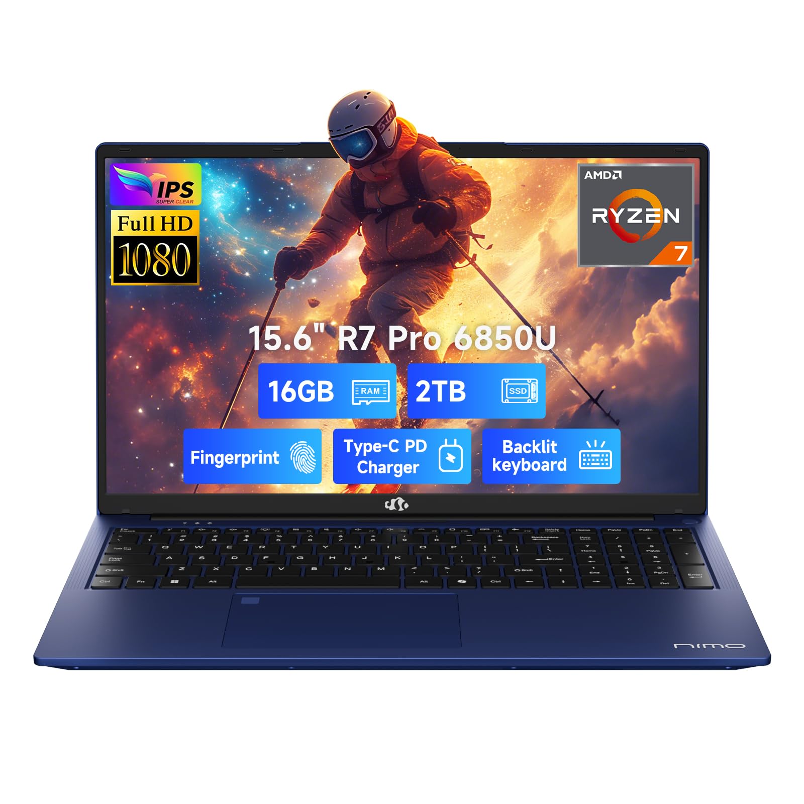 NIMO 15.6" FHD Light-Gaming-Laptop, 8 Cores AMD Ryzen 7 Pro 6850U 32GB LPDDR5 RAM 1TB SSD (Beat i7-1360P Up to 4.7GHz) GPU AMD Radeon 680M IPS Computer with 100W Type-C Backlit Keyboard Fingerprint