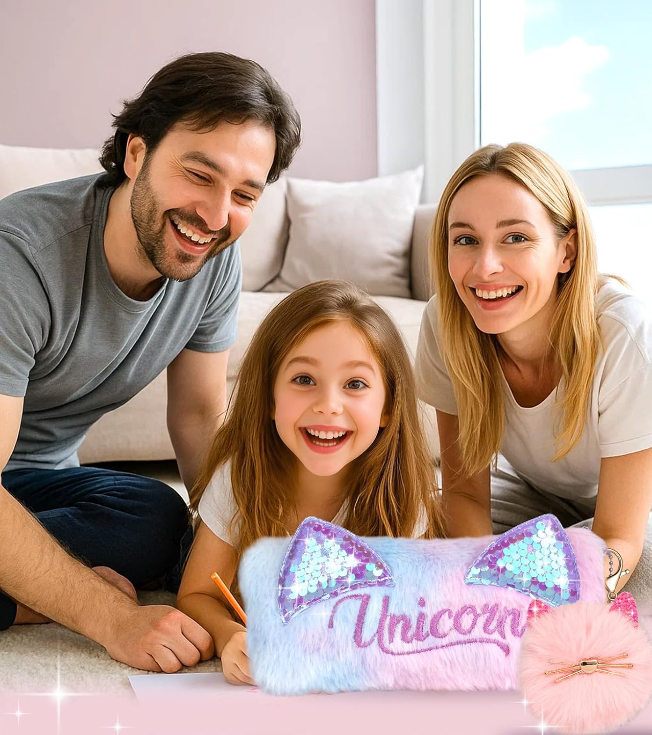 Cute Pencil Case for Girls - Back to School Stuff Zipper Pencil Case Aesthetic, Soft Plush Pen Bag for Students, Glitter Bling Study Supplies Stationery, Sparkly Cat Ear Sequin Makeup Bag