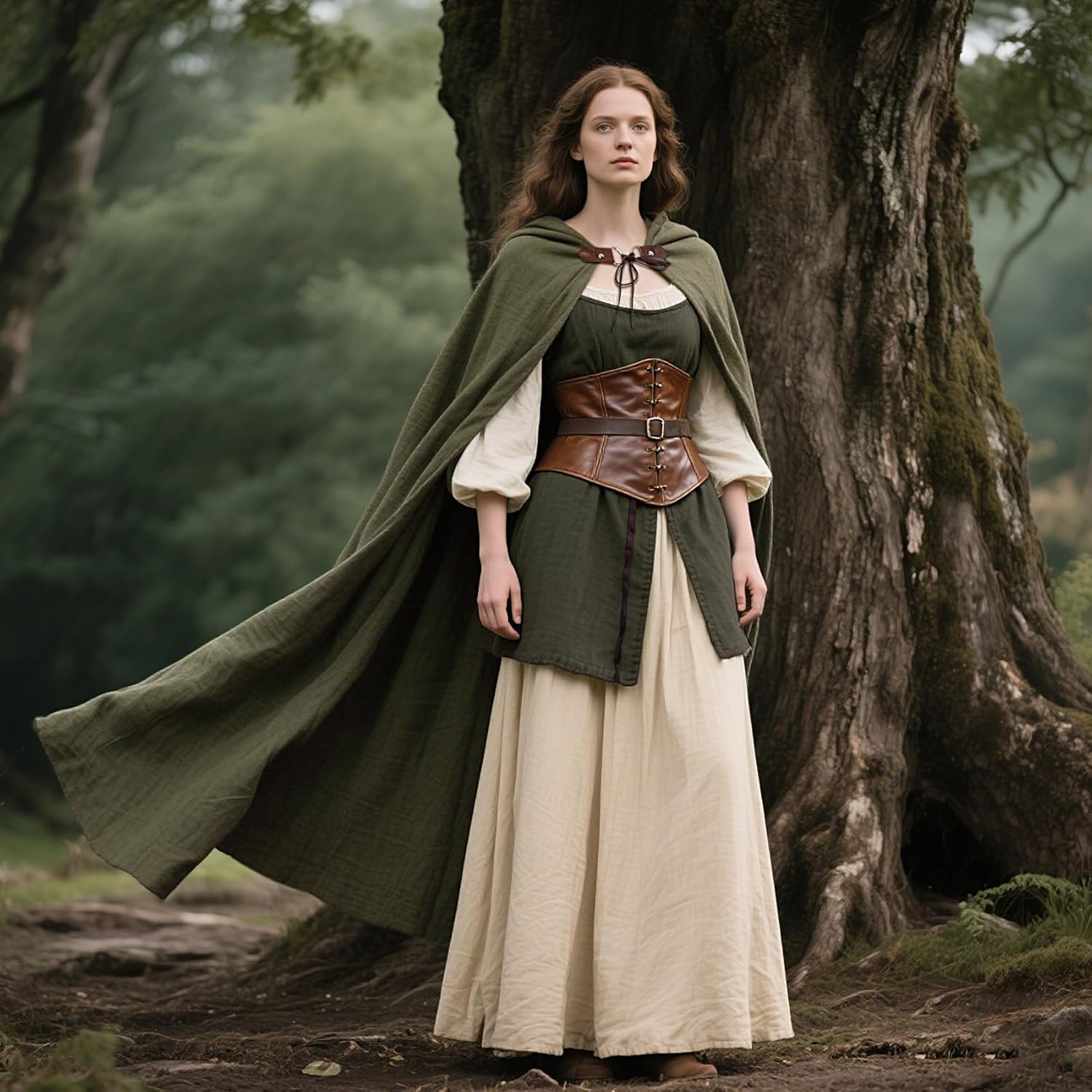 L'VOW Medieval Hooded Cloak Linen Renaissance Cape with Hood - Halloween Hobbit Cosplay Witch Wizard LARP