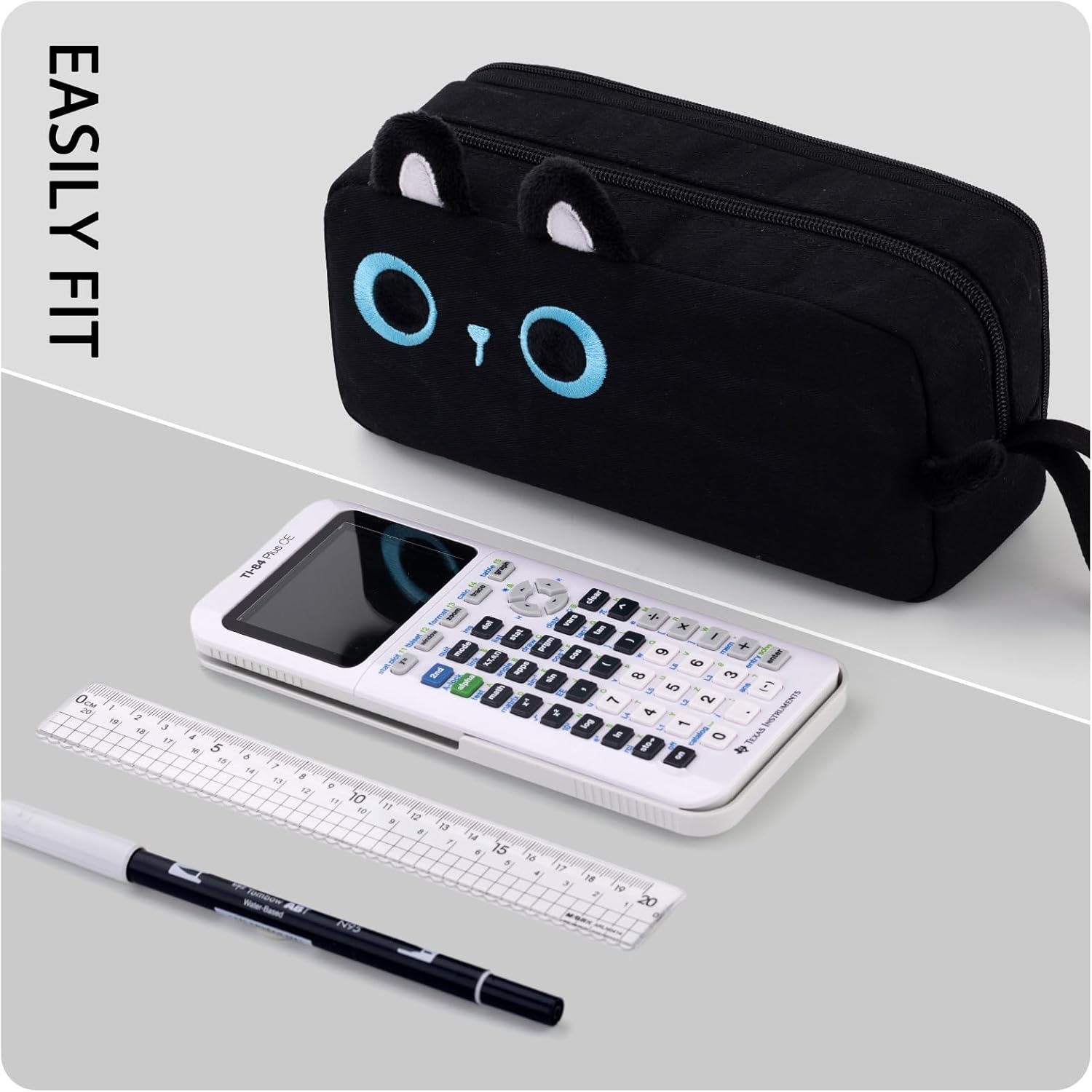 CICIMELON Cartoon Pencil Case, Large Capacity Pen Pouch with Embroidered Animal Design, School Supplies Bag for Kids, Teens, Students (Black Cat)