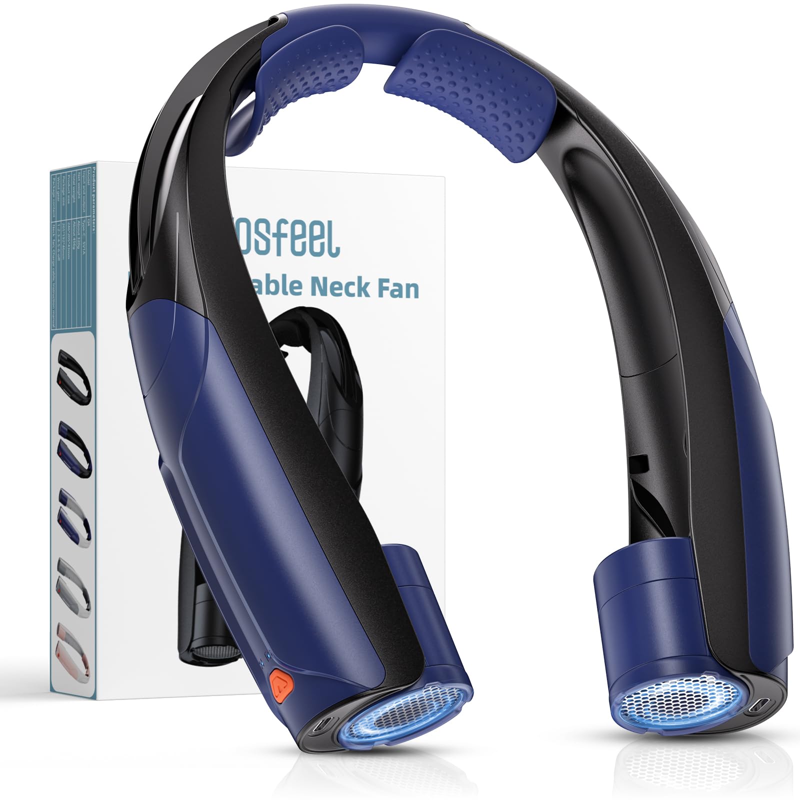 Outdoor Neck Fan 8000RPM Hurricane Wind, Portable Personal Fan Rechargeable, Battery 20H, 6 Adjustable Cooling Speeds, 360° Airflow, Hands-Free Wearable Fan for Camping Travel, Blue White