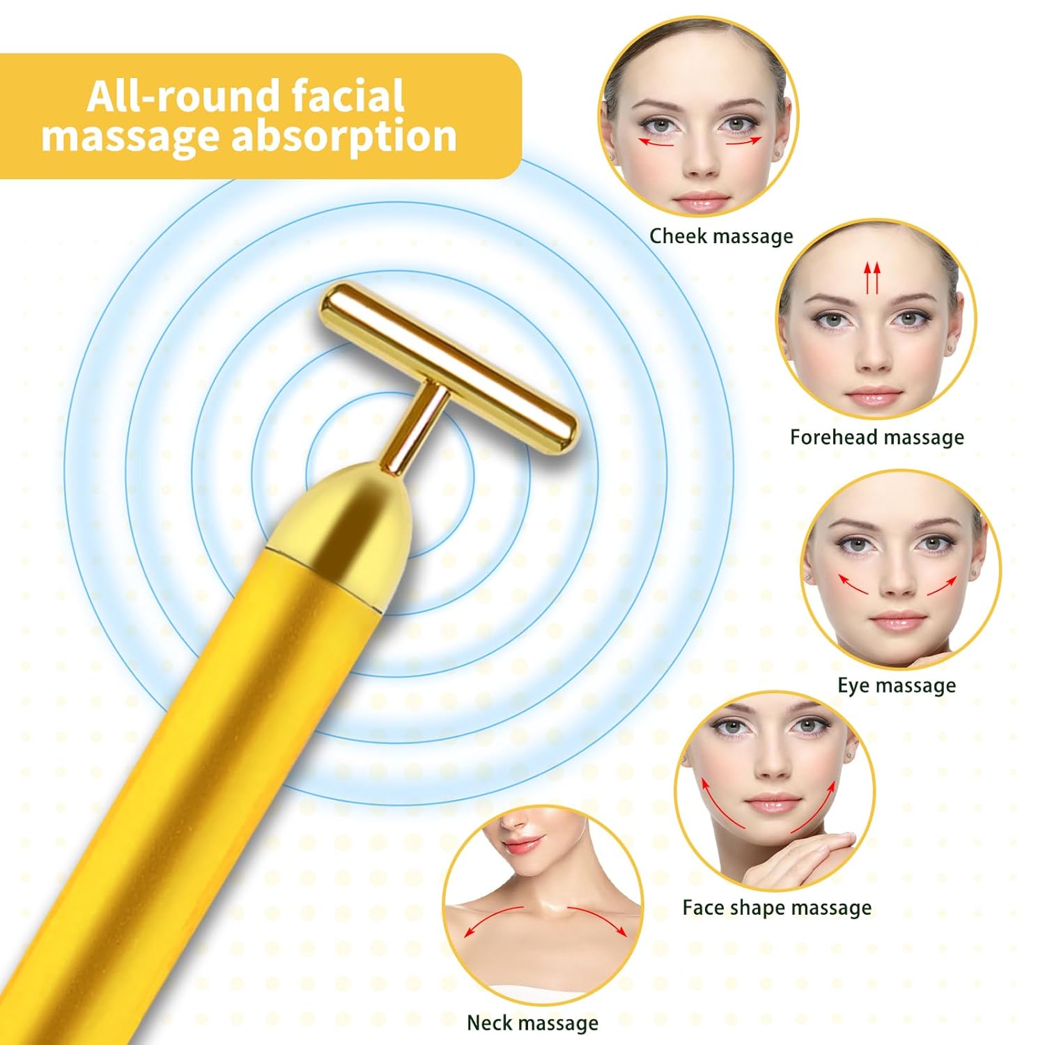 Aubric Face Massager Electric Beauty Bar 24k Golden Facial Massage Tool, T-Shape Electric Vibrating Wand Face Neck Skin Firming Lifting Tighting Wrinkles Reducing Body Treatment Anti Aging Device