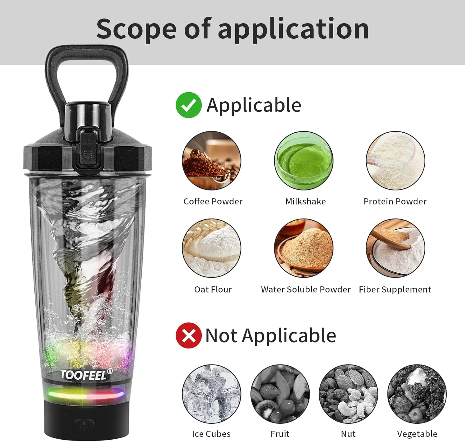 TOOFEEL Electric Protein Shaker Bottle - 20 oz USB Rechargeable, Self Stirring, BPA Free, Black