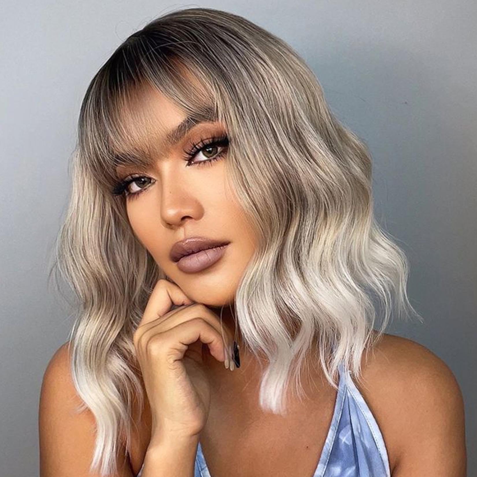 andromeda Purple Wig with Bangs Soft Short Bob Wavy Wigs for Women Synthetic Shoulder Length Women's Curly Wigs for Halloween Costumes Cosplay Daily (Purple)