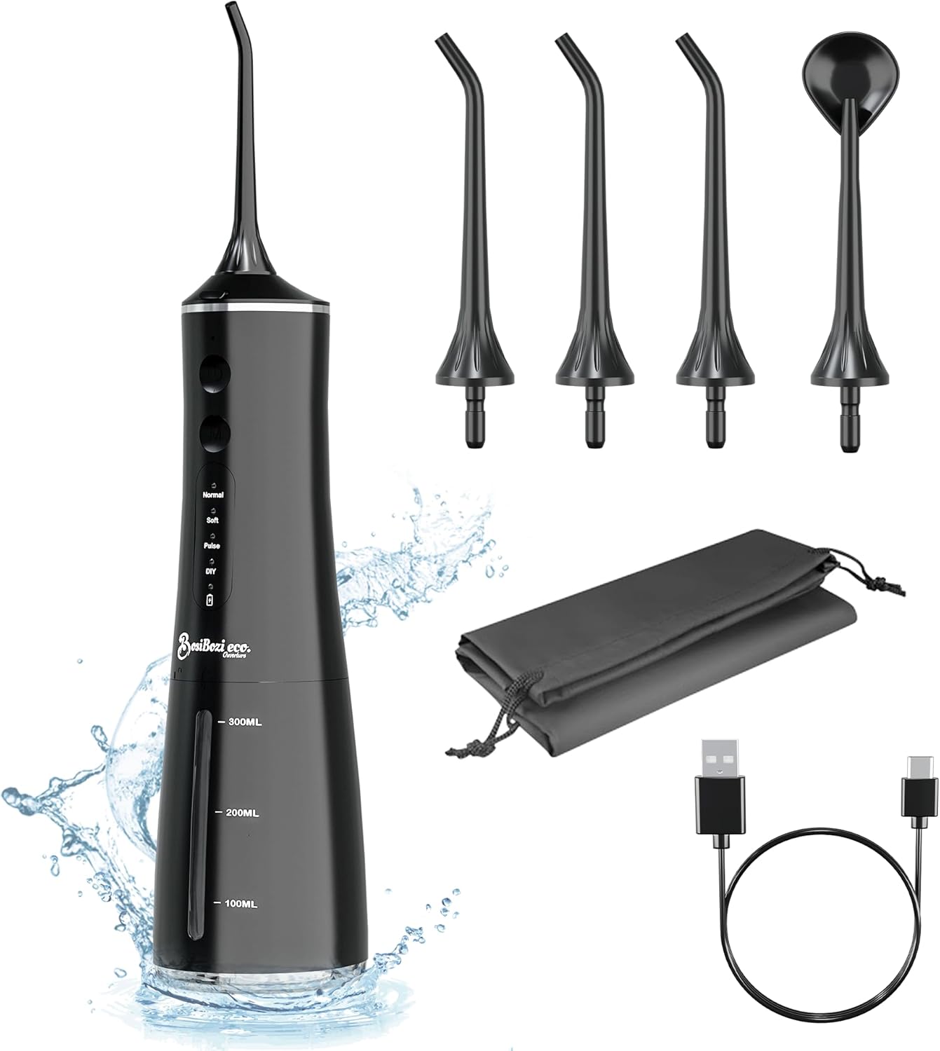 BosiBozi Rechargeable Water Flossers for Teeth, 4 Modes Cordless & Portable Power Dental Flossers 300ML Tank, IPX7 Waterproof Water Flosser, USB-C Charing Cable, 3 Jet Heads, 1 Tongue Scrapper