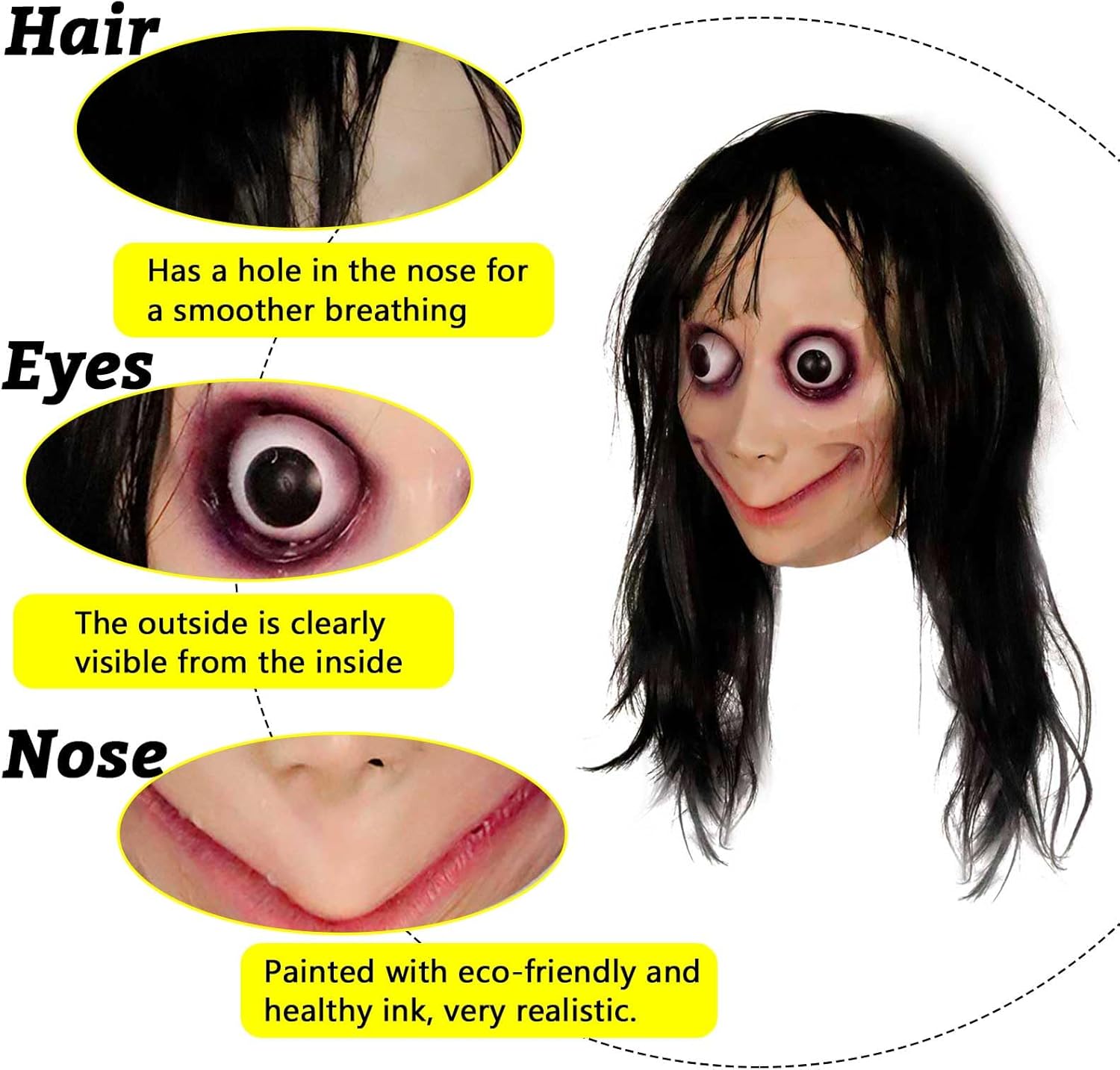 Long Hair MOMO Mask for Women, Scary Role Paly Face Masks with Long Wig for Cosplay Decor Party Props