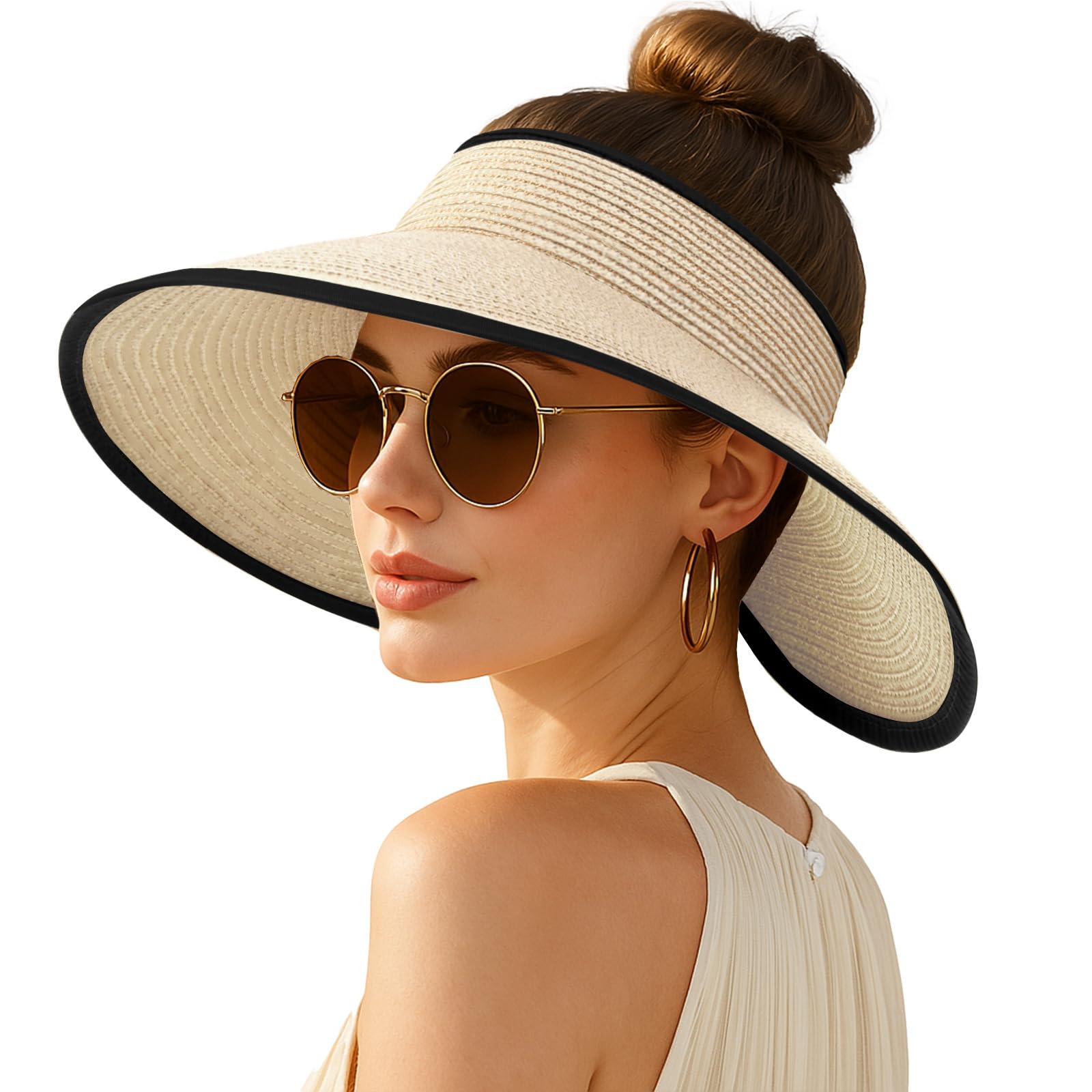 Women's Sun Visor Hats Wide Brim Straw Beach Hat Ponytail Hats for Women Foldable Floppy