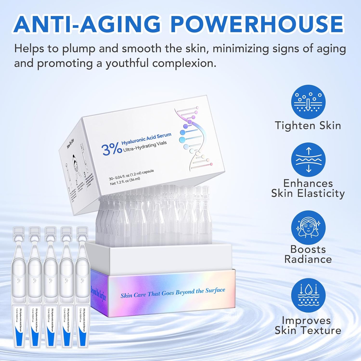 3% Hyaluronic Acid Serum for Face Ultra-Hydrating Vials Skin Care Tightes Skin, Non-greasy Formula, Absorbs Quickly, 30PCS 36ml