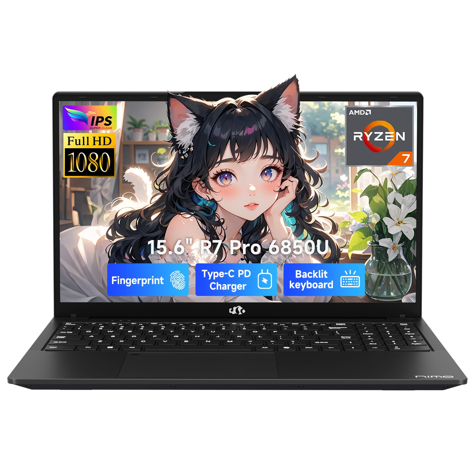 NIMO 15.6" FHD Light-Gaming-Laptop, 8 Cores AMD Ryzen 7 Pro 6850U 32GB LPDDR5 RAM 1TB SSD (Beat i7-1360P Up to 4.7GHz) GPU AMD Radeon 680M IPS Computer with 100W Type-C Backlit Keyboard Fingerprint
