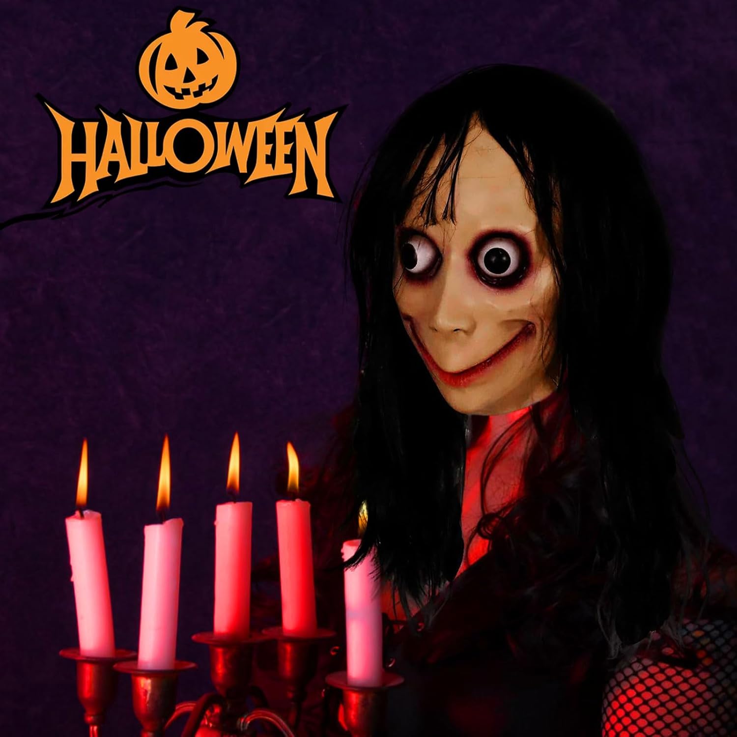 Long Hair MOMO Mask for Women, Scary Role Paly Face Masks with Long Wig for Cosplay Decor Party Props