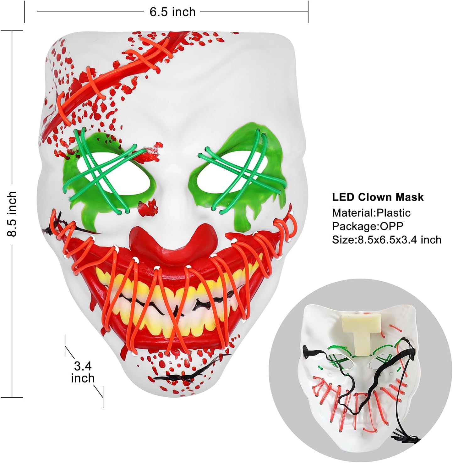 Halloween LED Clown Mask for Aldult & Kids，EL Wire Scary Purge Mask for Cosplay Costume,Light up for Festival Party