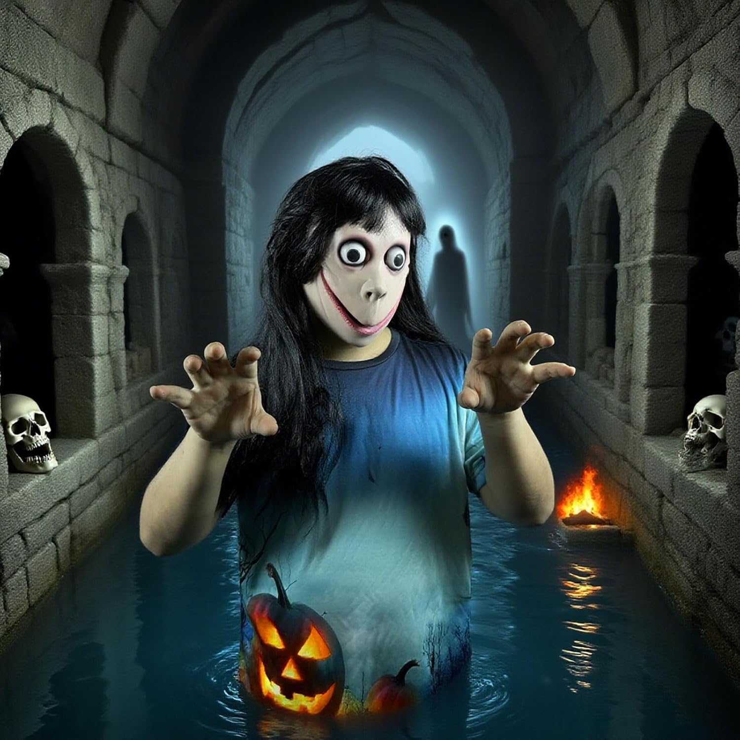 Long Hair MOMO Mask for Women, Scary Role Paly Face Masks with Long Wig for Cosplay Decor Party Props