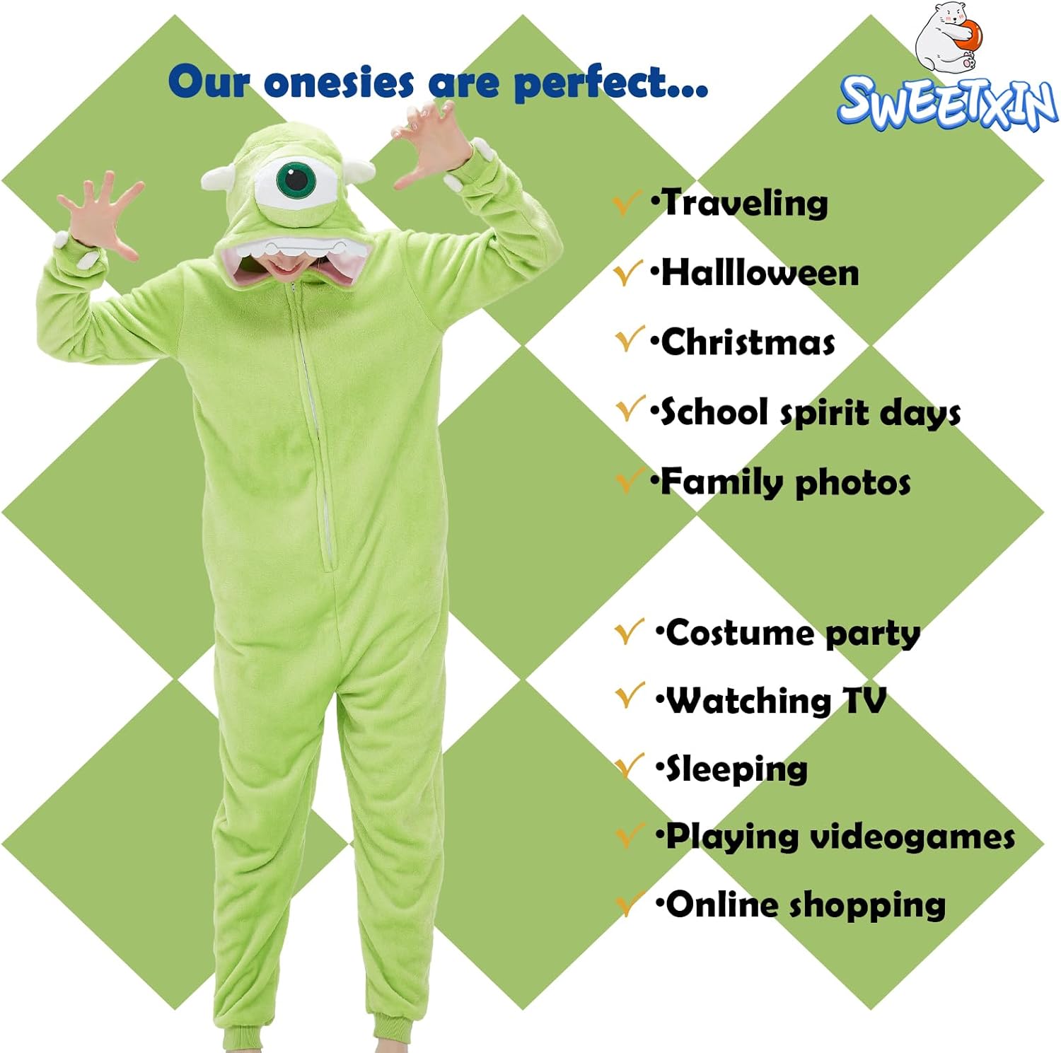 SWEETXIN Adult Unisex Onesie Pajamas Halloween Christmas Cosplay Costume Suit for Women and Men