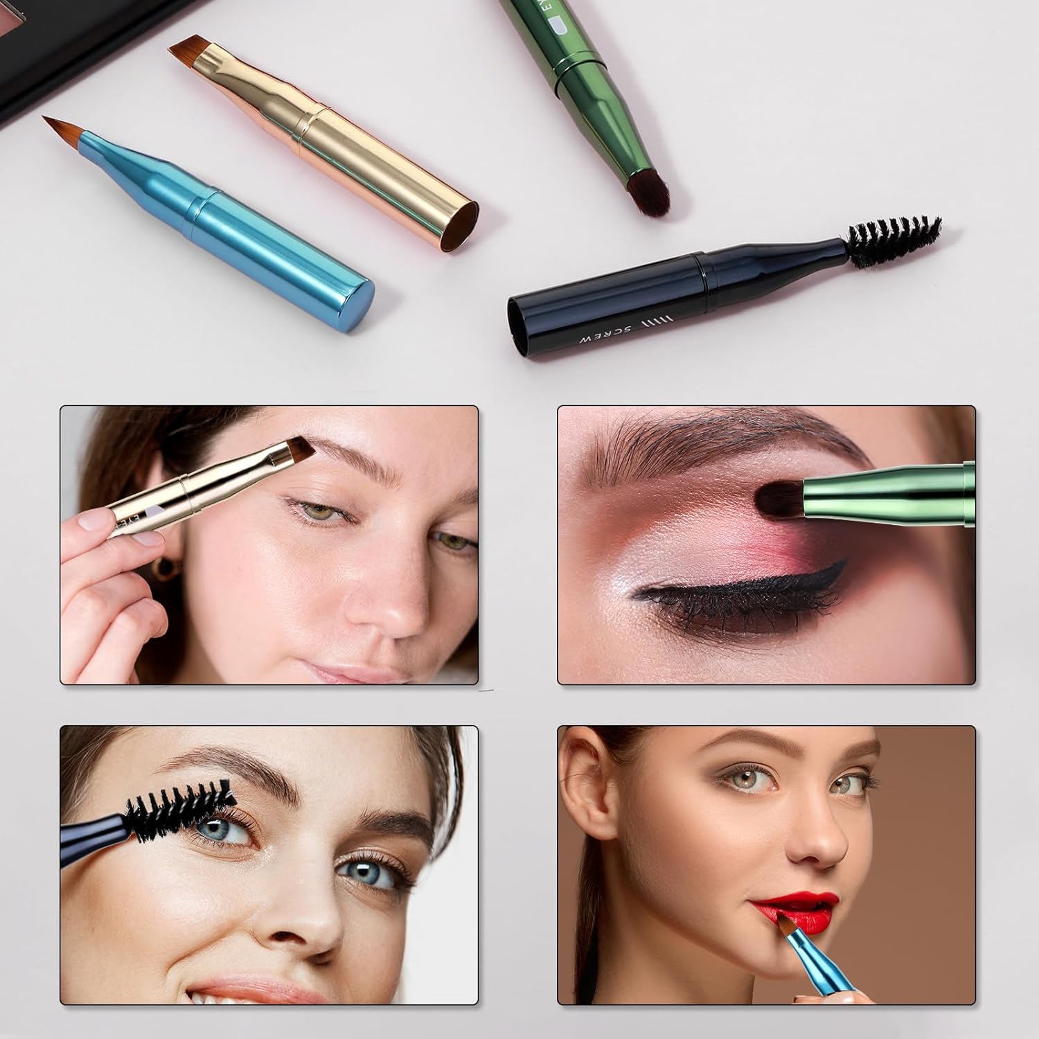 Simarro 4 in 1 Makeup Brush Set, Portable Travel Size Make Up Brushes - Detachable Eyeshadow, Eyebrow, Screw, Lip Brush for Foundation, Concealer, Powder Liquid (Multicolor)