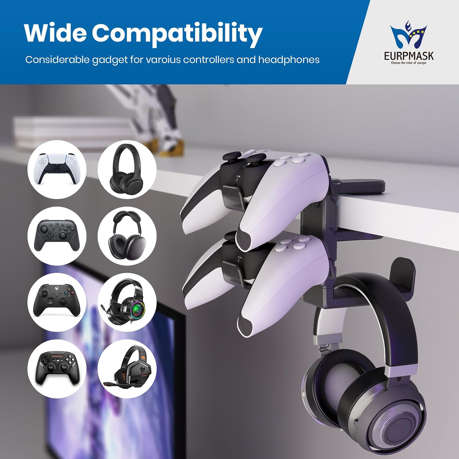 [Gift Set] 3-in-1 PC Gaming Headset&Controller Holder - EURPMASK Headphone Stand w/Adjustable Clamp&2 Controller Holder&Rotating Arm&Cable Organizer, PC Gaming Accessory Controller Headset Stand