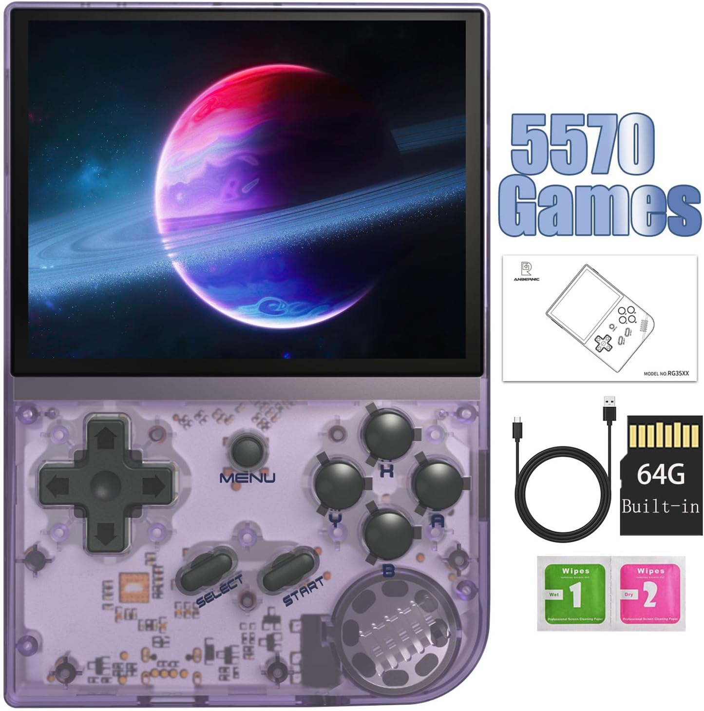 RG35XX Retro Handheld Game Console, 3.5 Inch IPS Screen, 64GB Storage with 5700 Pre-Loaded Games, HDMI TV Output, 2600mAh Battery, Grey (35XX Purple-11)