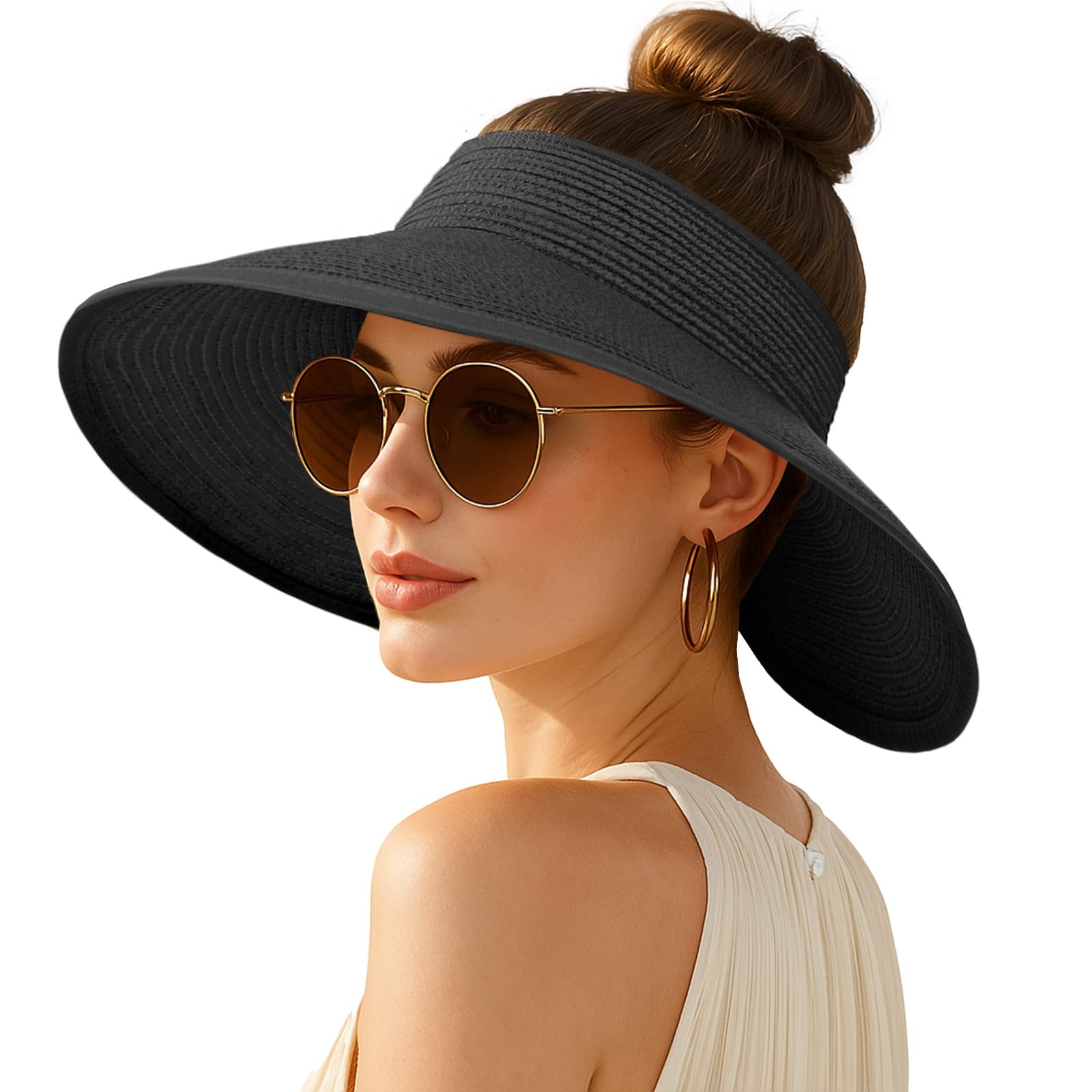 Women's Sun Visor Hats Wide Brim Straw Beach Hat Ponytail Hats for Women Foldable Floppy