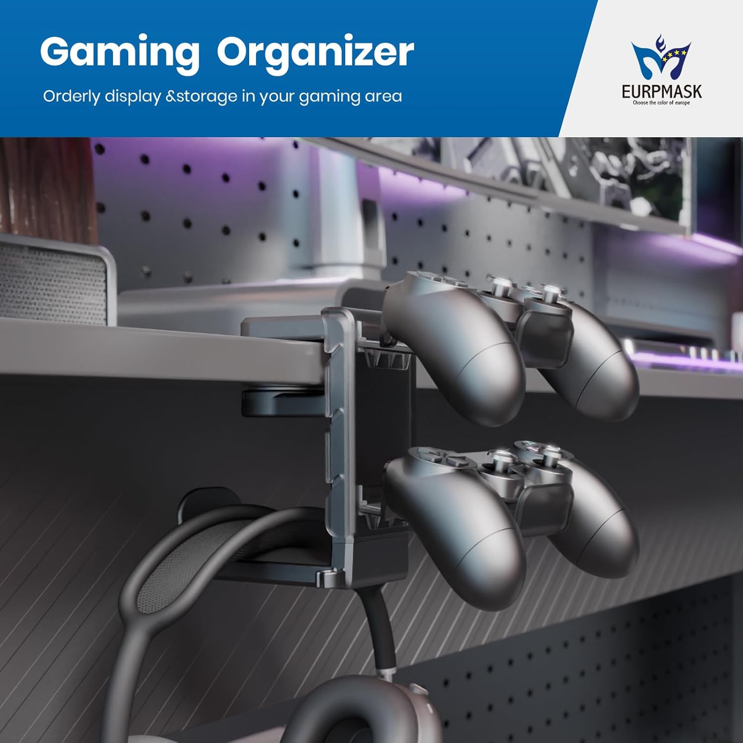 [Gift Set] 3-in-1 PC Gaming Headset&Controller Holder - EURPMASK Headphone Stand w/Adjustable Clamp&2 Controller Holder&Rotating Arm&Cable Organizer, PC Gaming Accessory Controller Headset Stand