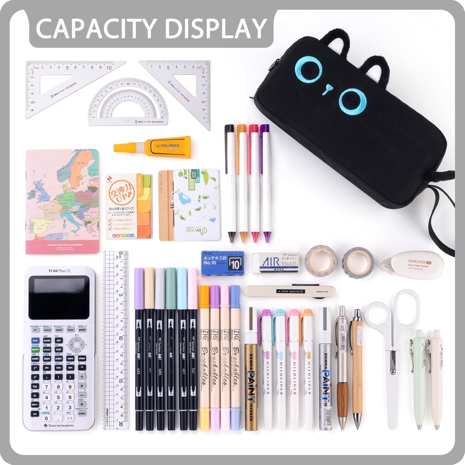 CICIMELON Cartoon Pencil Case, Large Capacity Pen Pouch with Embroidered Animal Design, School Supplies Bag for Kids, Teens, Students (Black Cat)