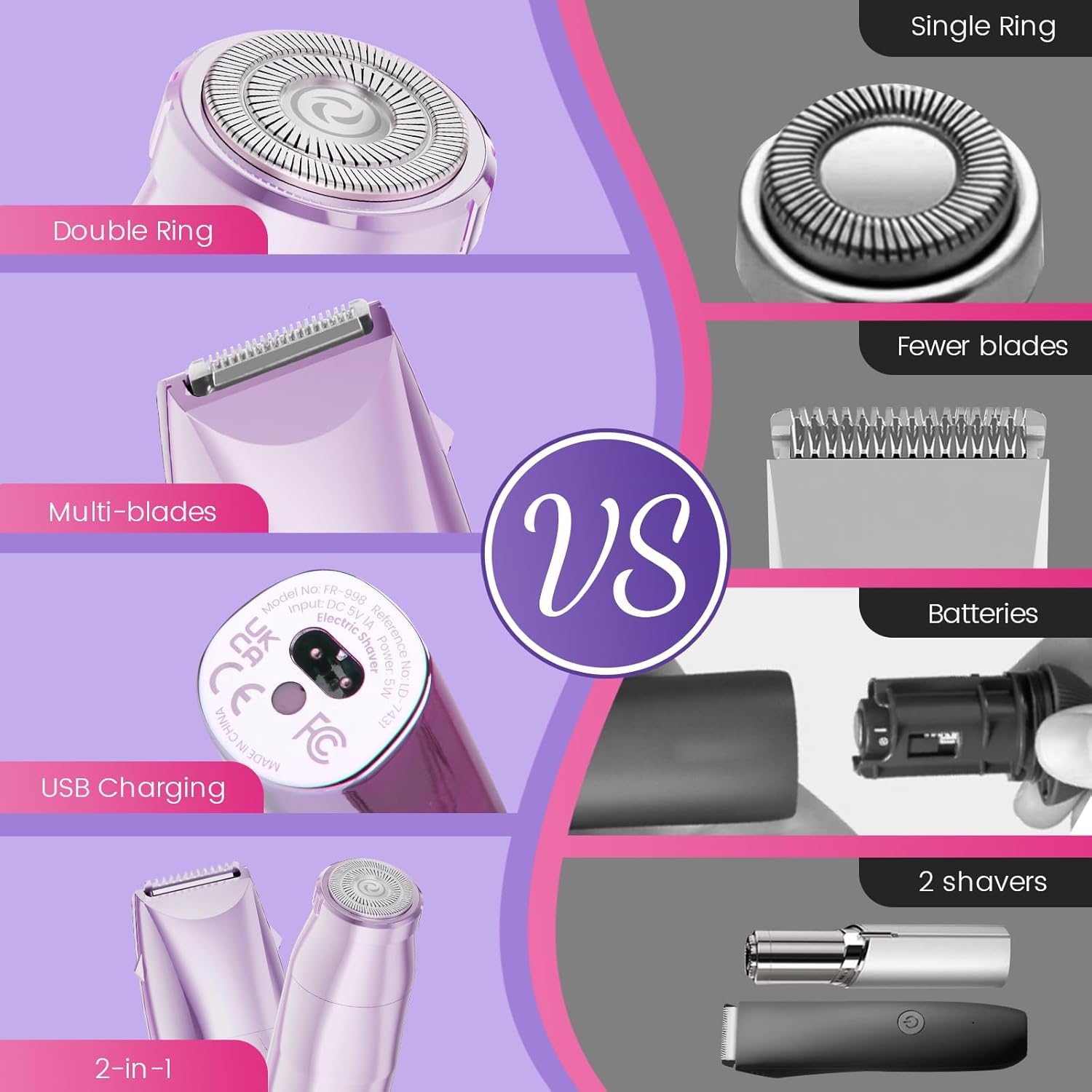 Bikini Trimmer for Women 2 in 1 Electric Razors for Women - Wet and Dry Electric Lady Shaver, Smooth Facial Hair Remover and Body Hair Trimmer for Bikini,Leg, Underarm, Face, Private Area (Purple)