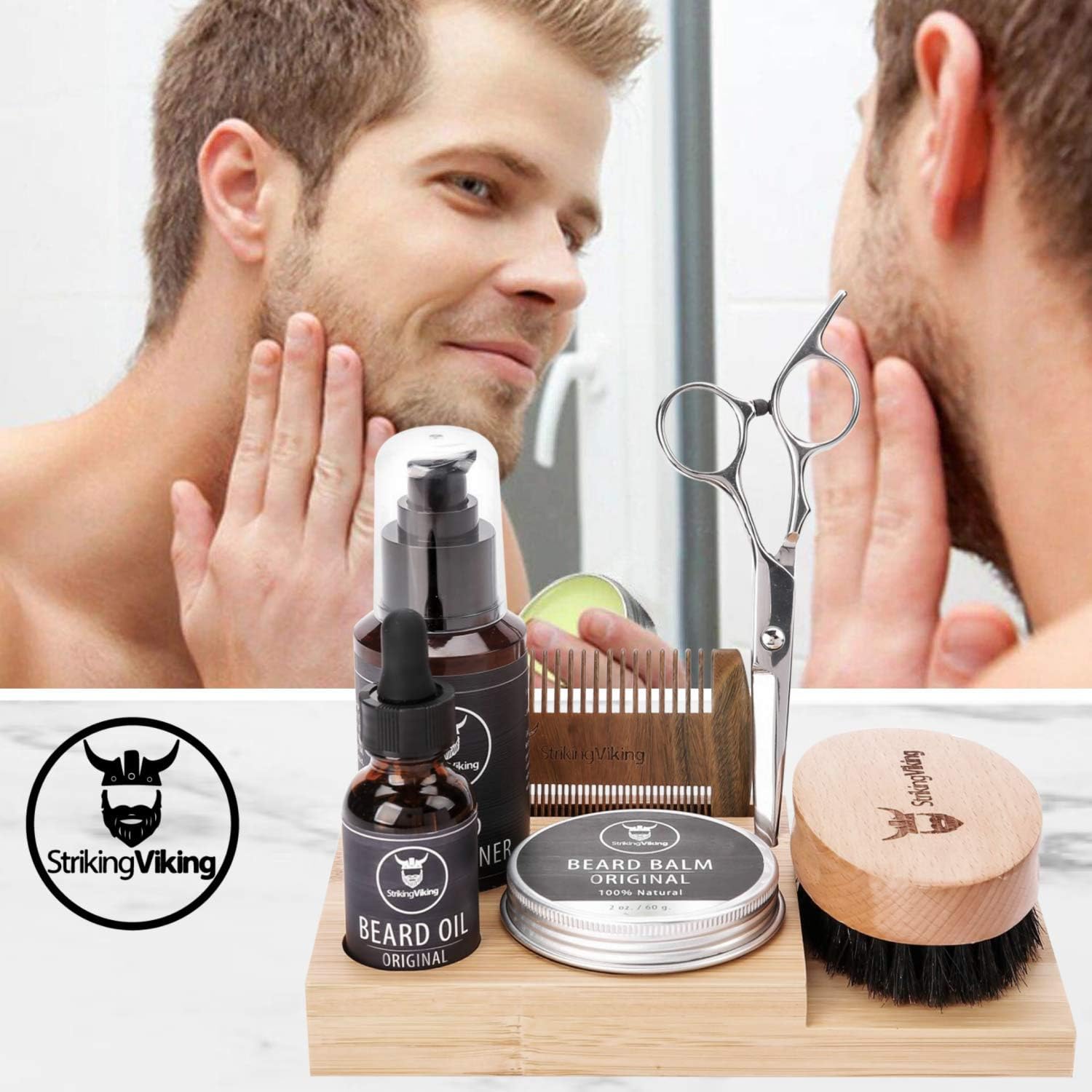 Striking Viking Bamboo Beard Kit Organizer - 7.3 in x 4.5 in x 1 in - Beard Care Caddy for Oil & Balm - Comb Brush Holder - Portable Grooming Caddy Organizer
