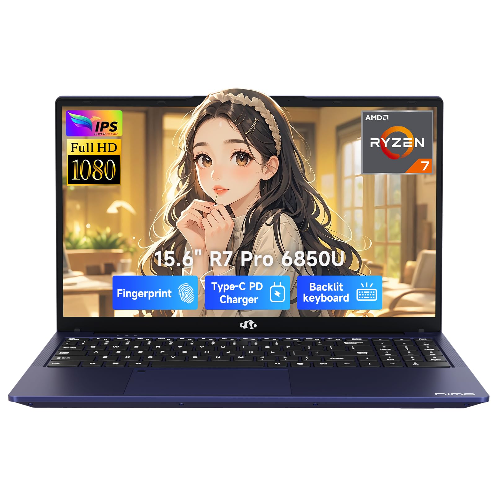 NIMO 15.6" FHD Light-Gaming-Laptop, 8 Cores AMD Ryzen 7 Pro 6850U 32GB LPDDR5 RAM 1TB SSD (Beat i7-1360P Up to 4.7GHz) GPU AMD Radeon 680M IPS Computer with 100W Type-C Backlit Keyboard Fingerprint