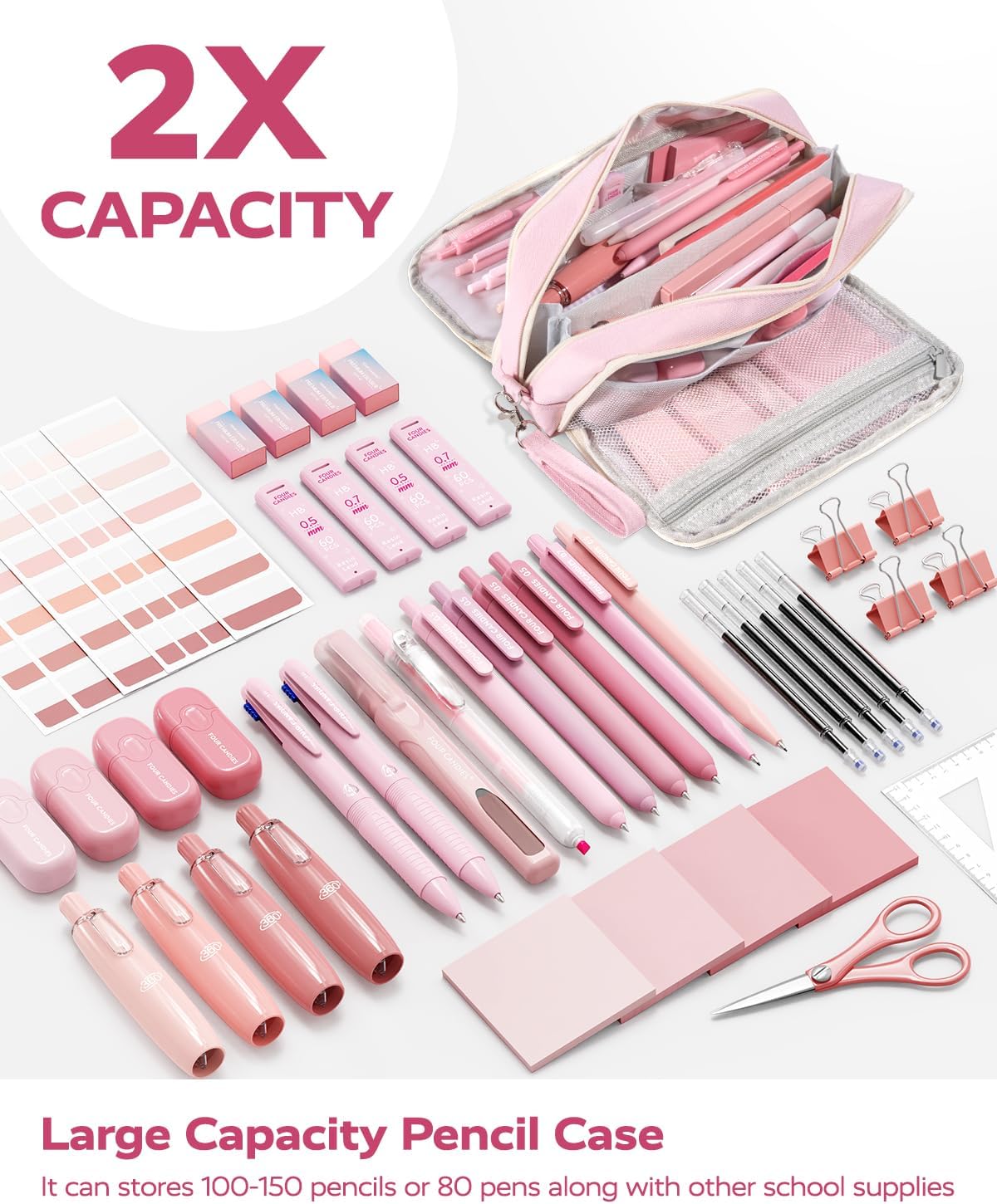 Four Candies Pink School Supplies with Case, Gel Pens with Black Ink, Correction Tapes, Pastel Highlighters, Mechanical Pencils, Sticky Notes, Index Post for Bible Study Stationary College Essentials