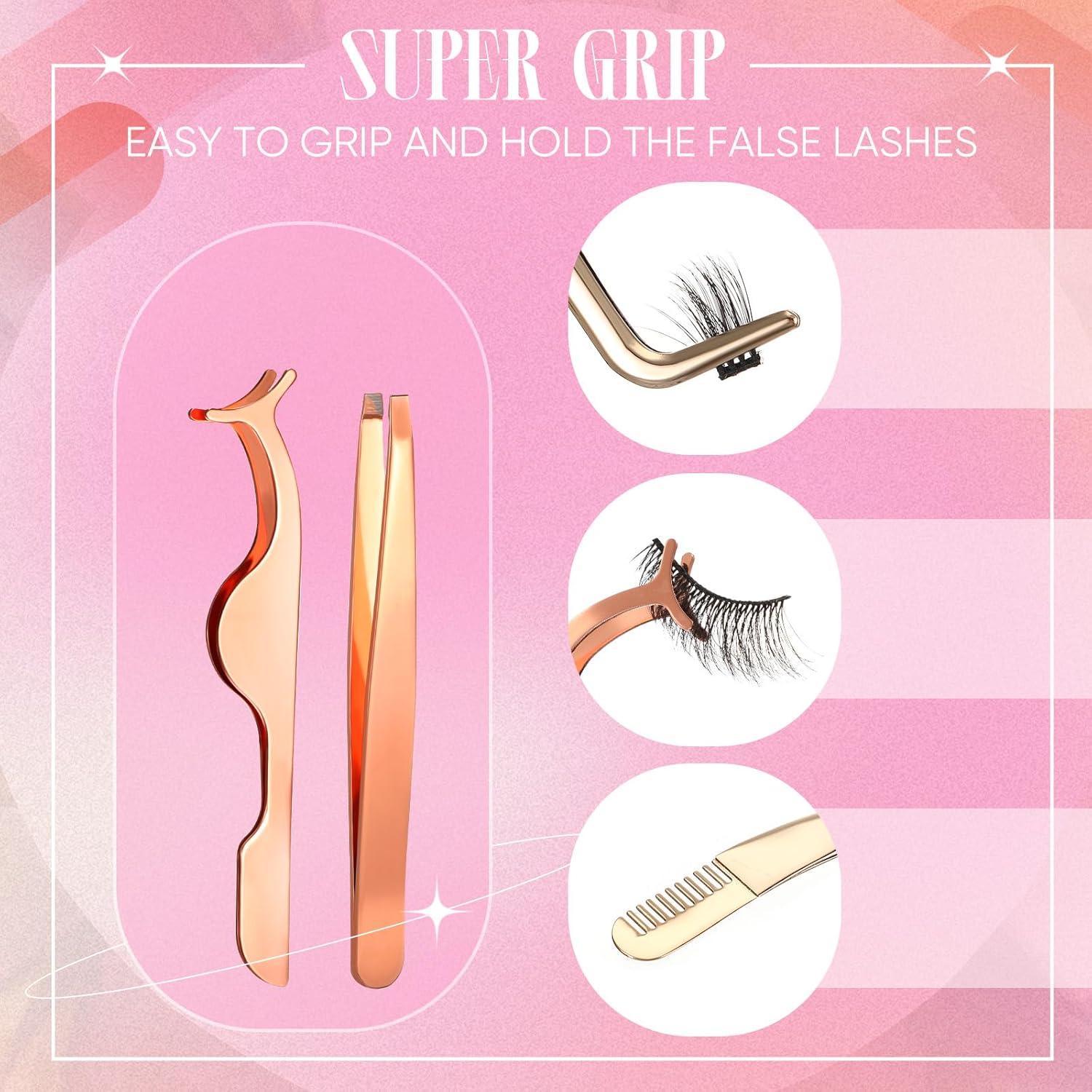 Lasnten 5 pcs Eyelash Applicator Tool Set Lash Tweezers for Eyelash Extensions Stainless Steel False Scissors Cluster Tweezer Eyebrow Curler Lash Brush with Box(Gold)