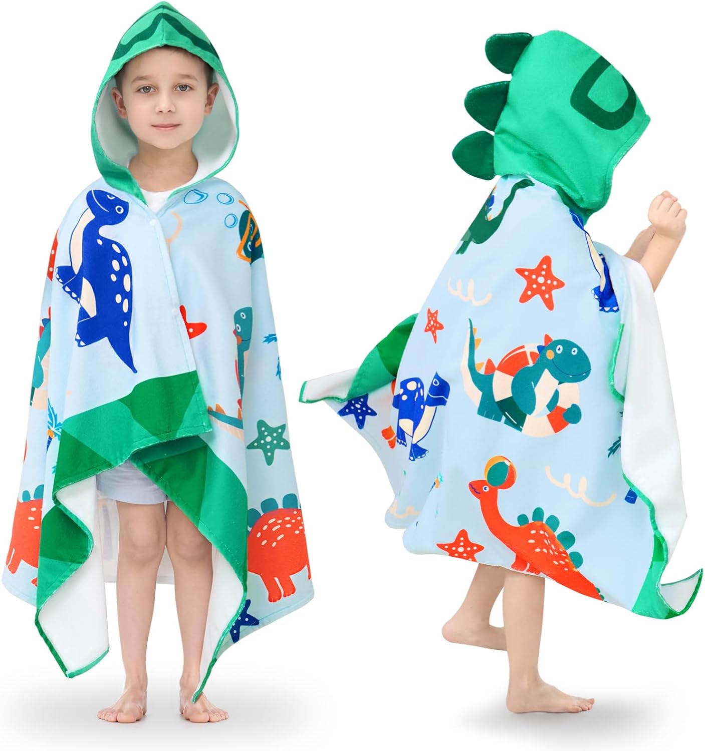 UOMNY Kids Beach Towels-Hooded Towels for Kids,Kids Hooded Bath Towel 30" x 50" for 3-10 Years,Pool Ponchos for Kids with Hood,Boys Beach Towel,Green Dinosaur