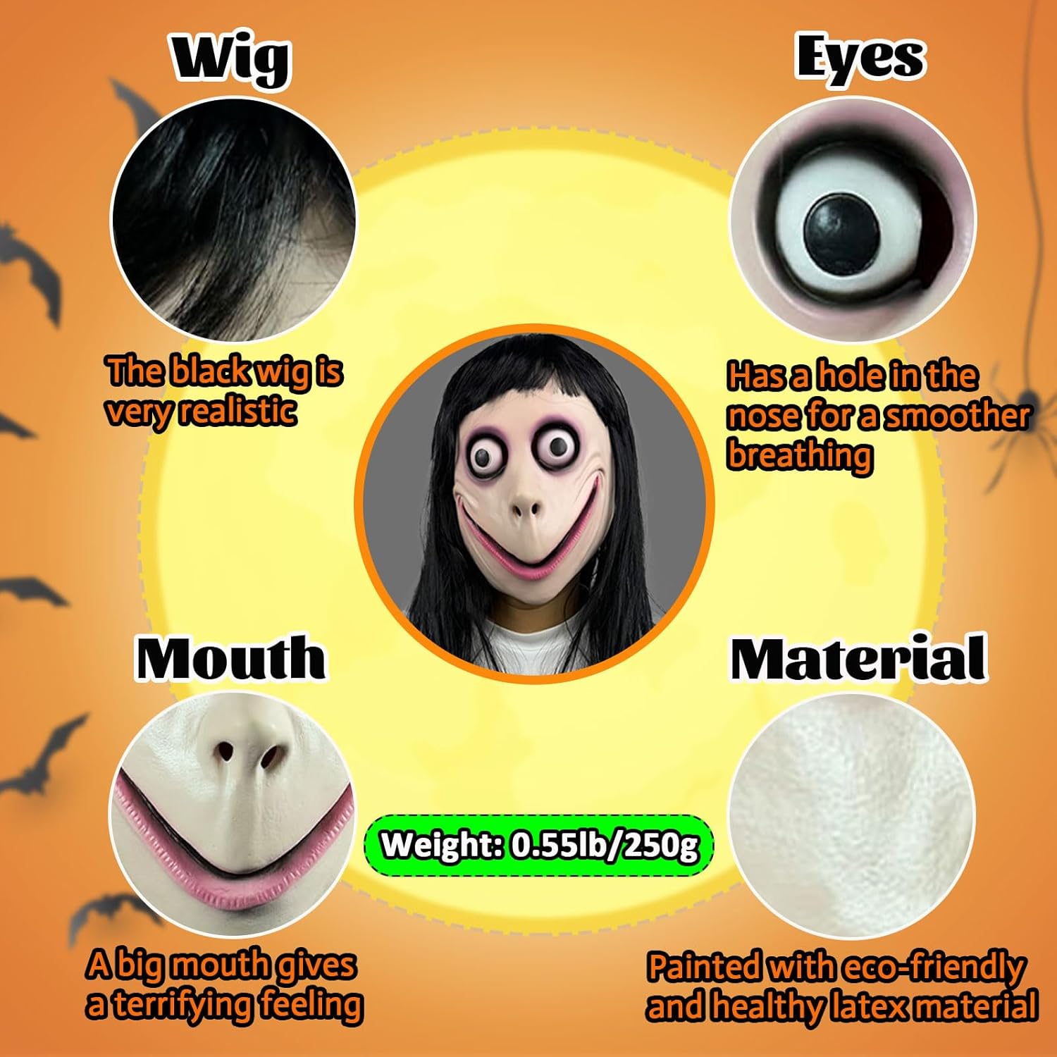Long Hair MOMO Mask for Women, Scary Role Paly Face Masks with Long Wig for Cosplay Decor Party Props