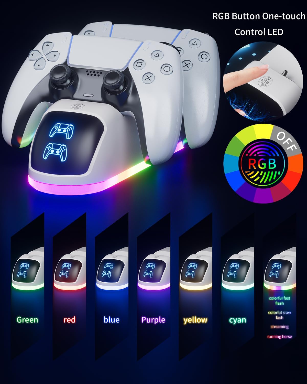 PS5 Controller Charger Station，2025 Upgrade Version with 10 LED Mode & RGB Button, Safe Fast Charging and Overcharge Protection Dock for Dualsense PlayStation 5 Controllers