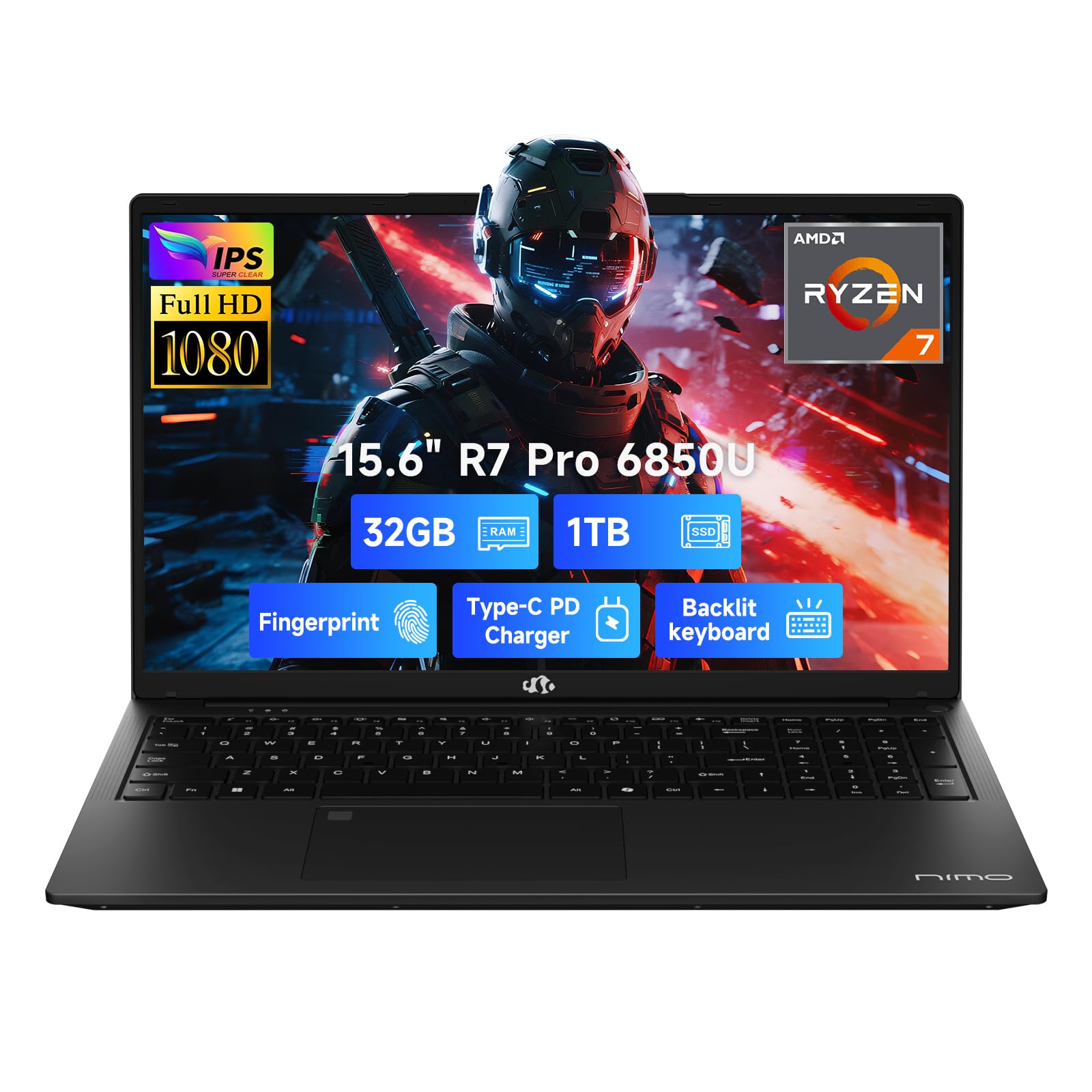 NIMO 15.6" FHD Light-Gaming-Laptop, 8 Cores AMD Ryzen 7 Pro 6850U 32GB LPDDR5 RAM 1TB SSD (Beat i7-1360P Up to 4.7GHz) GPU AMD Radeon 680M IPS Computer with 100W Type-C Backlit Keyboard Fingerprint