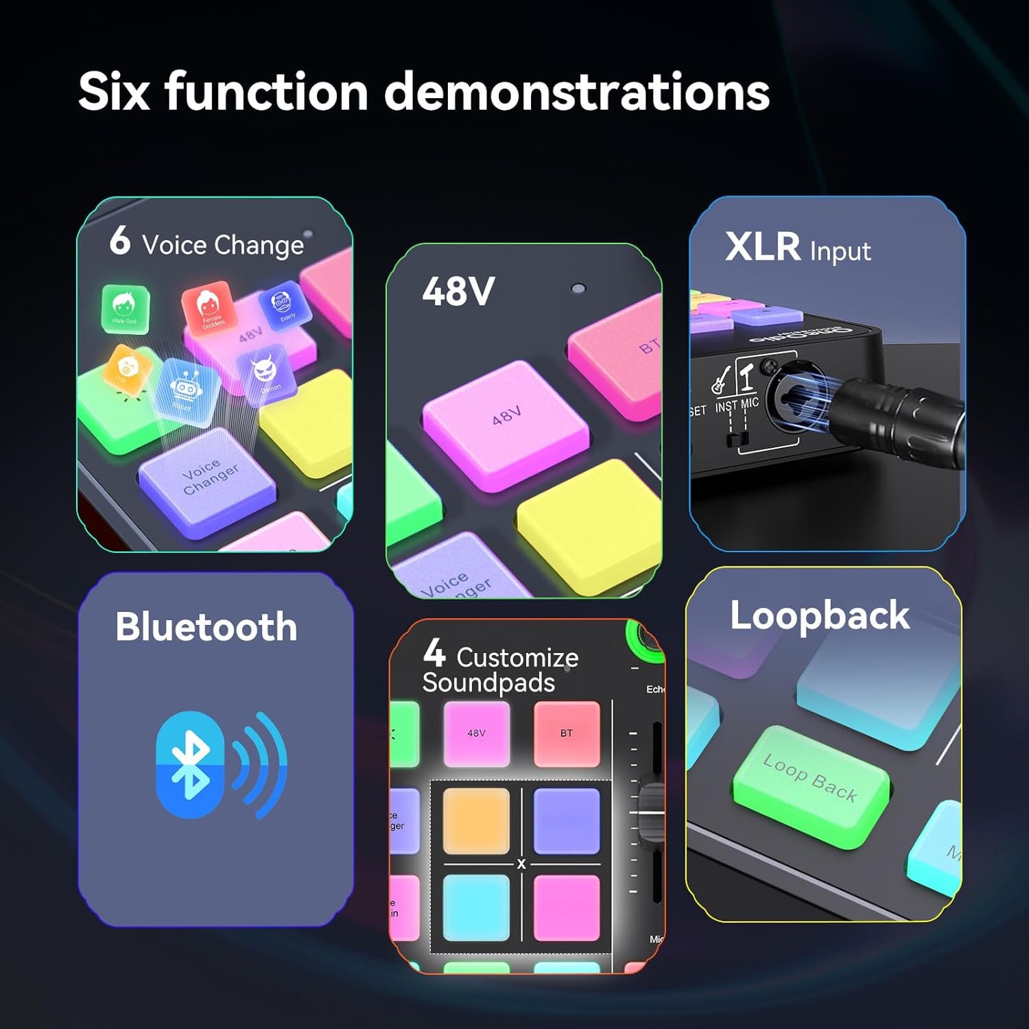 OneOdio Solocaster Gaming Audio Mixer - 5 Channel Interface with 48V Phantom Power, Bluetooth, RGB Lighting, 3.5mm/XLR/USB C, for Streaming/Podcast/Karaoke on PC, Mac, Mobile