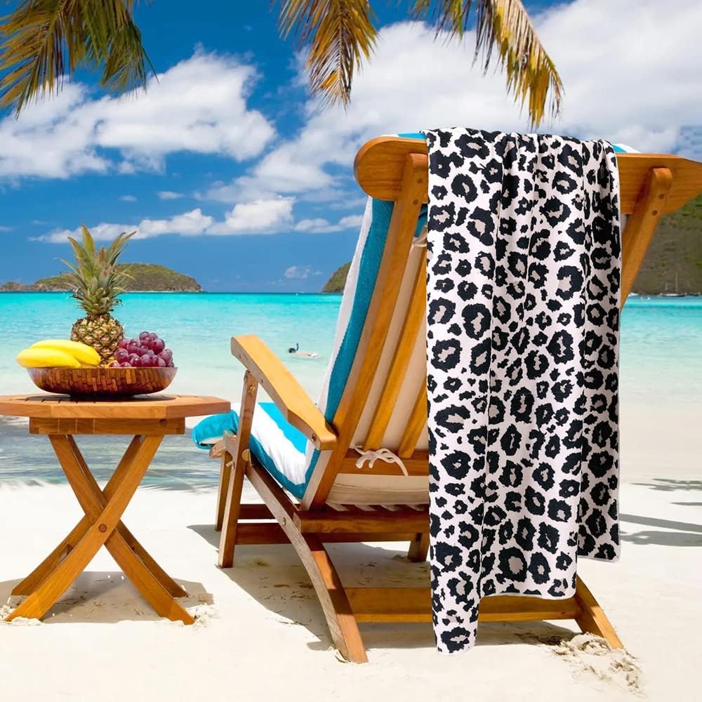 Extra Large Cute Black Leopard Beach Towels for Adult Girls, Big Oversized Thick Cheetah Print Microfiber Terry Cloth Sandproof Quick Dry 30 x 60