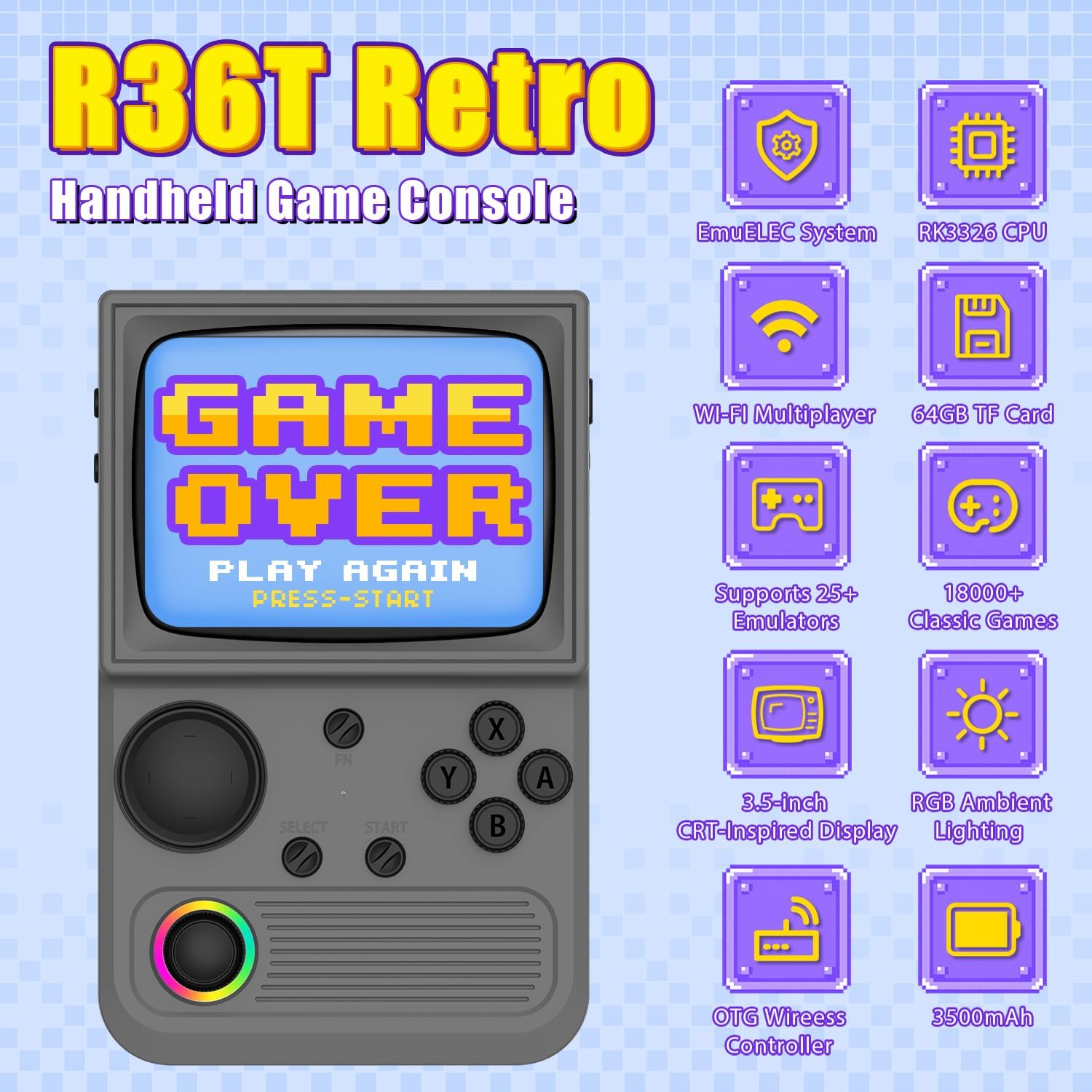 R36T Retro Gaming Console, 3.5'' IPS Screen CRT-Inspired, Handheld Game Console with 18000+ Classic Games Supports WiFi Networked Fighting and OTG, 3500mAh Battery, with Portable Case(Grey 64GB)