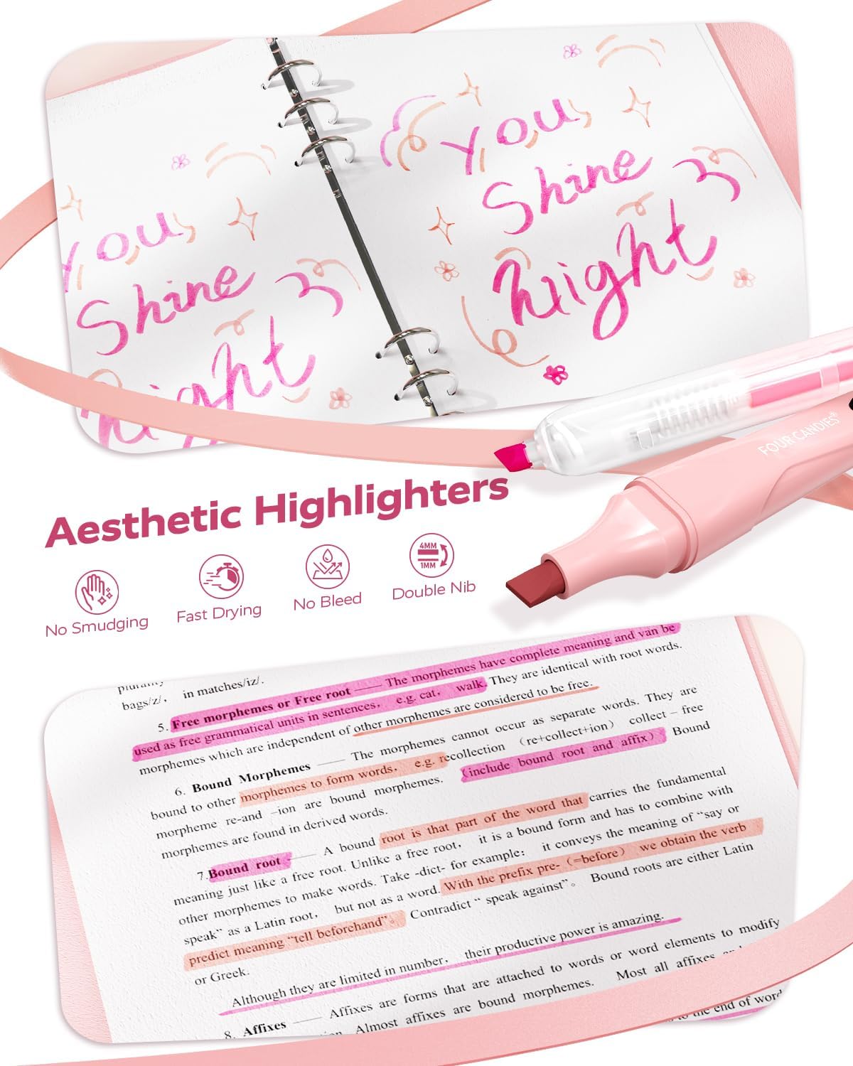 Four Candies Pink School Supplies with Case, Gel Pens with Black Ink, Correction Tapes, Pastel Highlighters, Mechanical Pencils, Sticky Notes, Index Post for Bible Study Stationary College Essentials