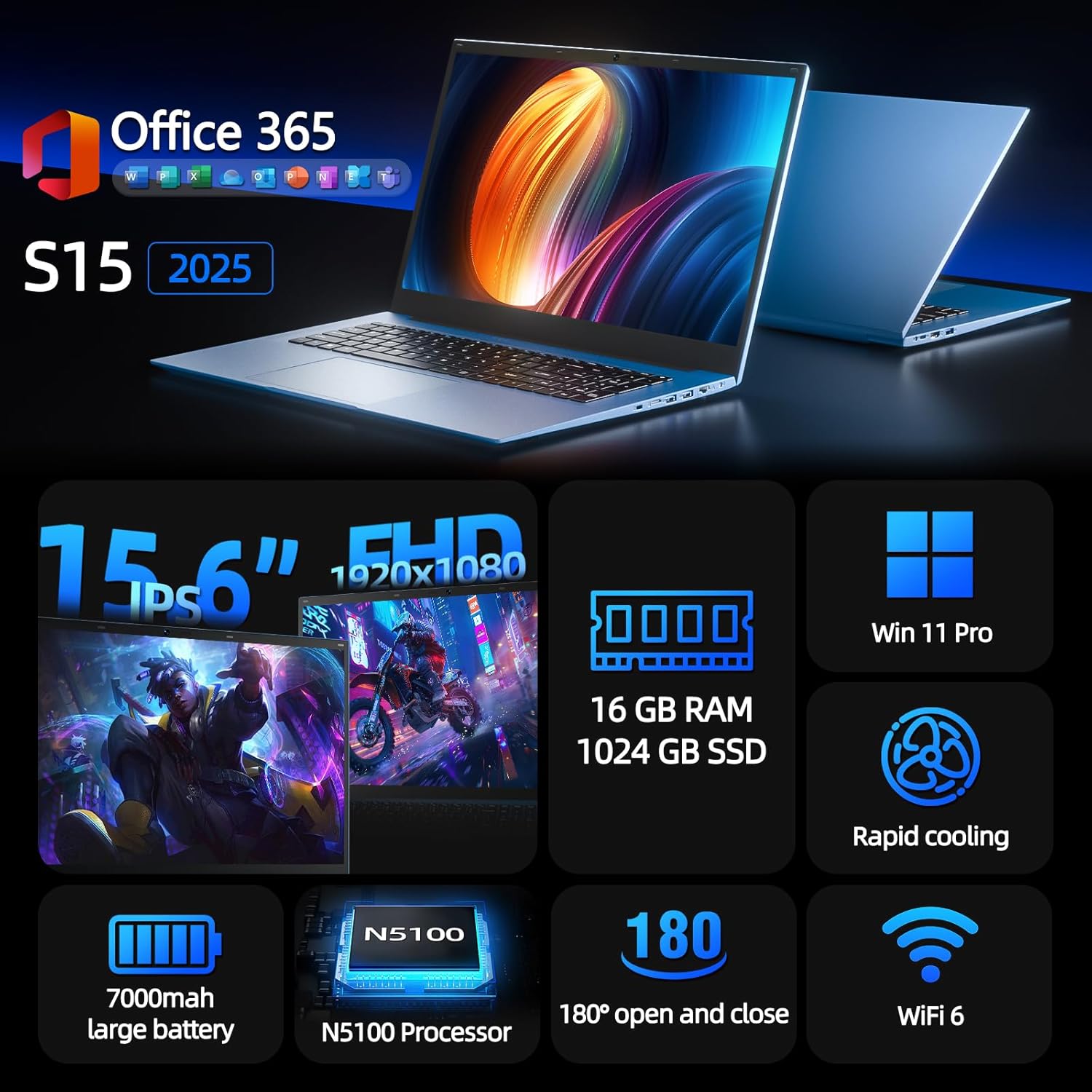 SGIN 15.6 Inch Laptop, 16GB RAM 1024GB SSD, Laptops Computers Celeron N5100, Win 11, Portable Notebook, 7000mAh, WiFi 6, 180° Open Angle, USB 3.2, for Business and Students