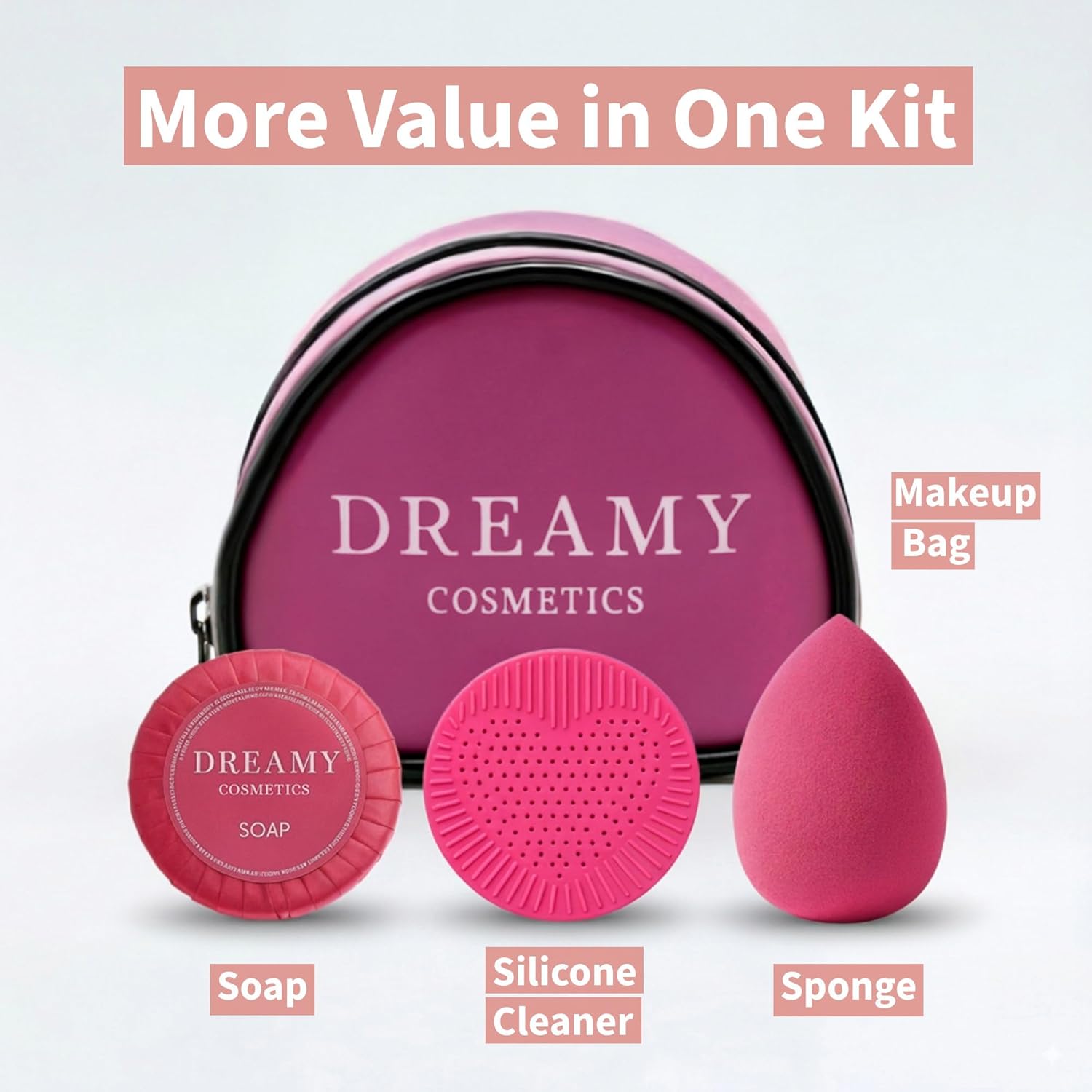 Makeup Sponge Set – Soft Latex-Free Makeup Blender Sponge for Face – Reusable Foundation Applicator Kit with Travel Bag, Soap & Cleaning Pad – Smooth, Streak-Free & Natural Finish, Pink
