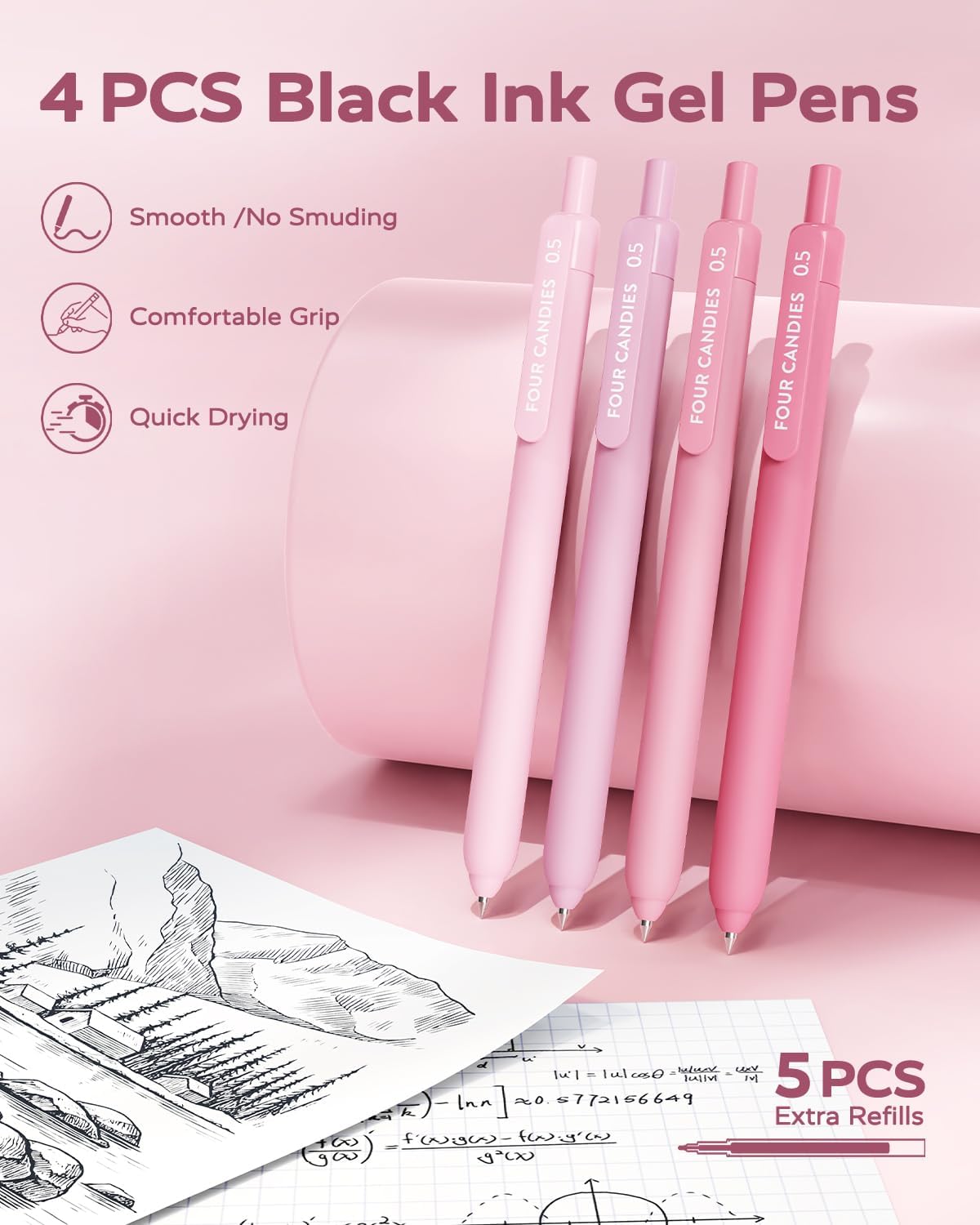 Four Candies Pink School Supplies with Case, Gel Pens with Black Ink, Correction Tapes, Pastel Highlighters, Mechanical Pencils, Sticky Notes, Index Post for Bible Study Stationary College Essentials