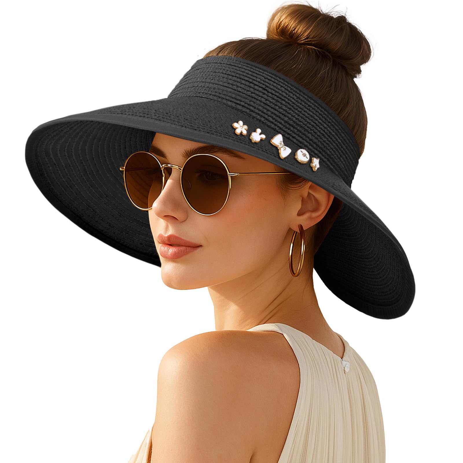 Women's Sun Visor Hats Wide Brim Straw Beach Hat Ponytail Hats for Women Foldable Floppy