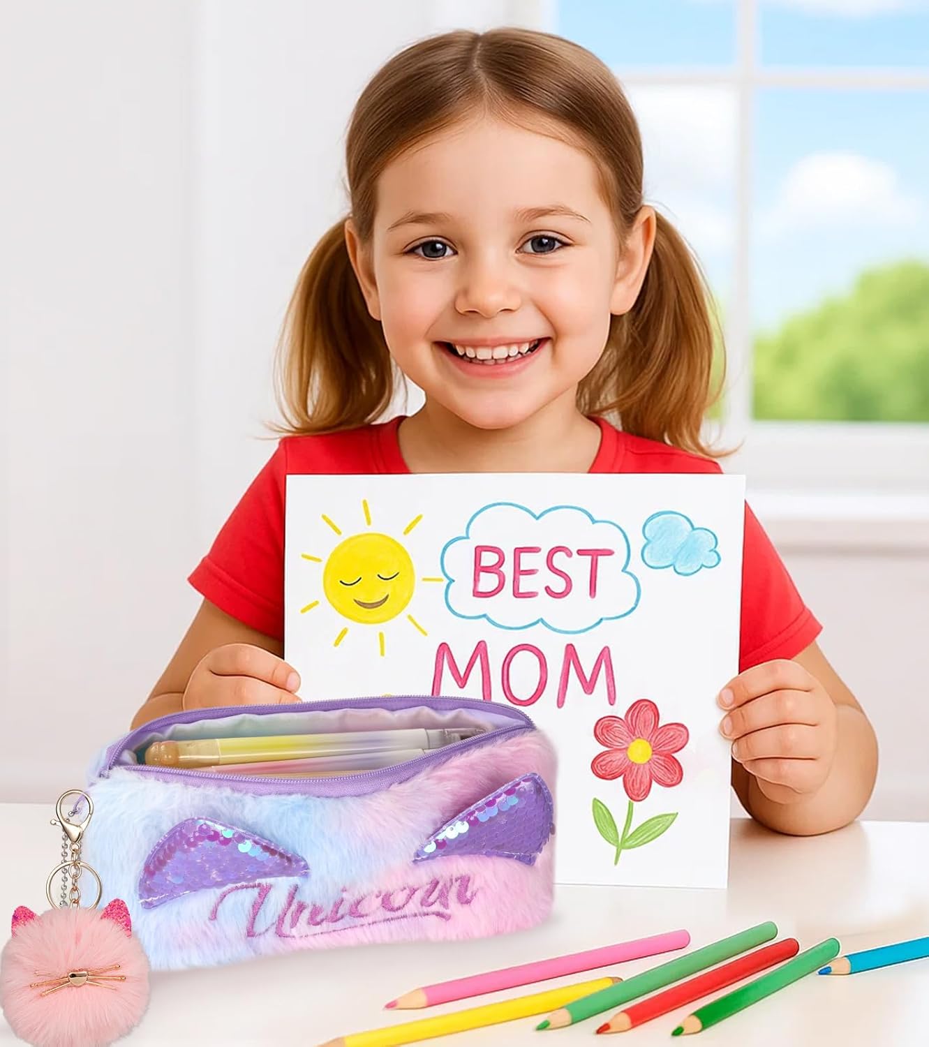 Cute Pencil Case for Girls - Back to School Stuff Zipper Pencil Case Aesthetic, Soft Plush Pen Bag for Students, Glitter Bling Study Supplies Stationery, Sparkly Cat Ear Sequin Makeup Bag