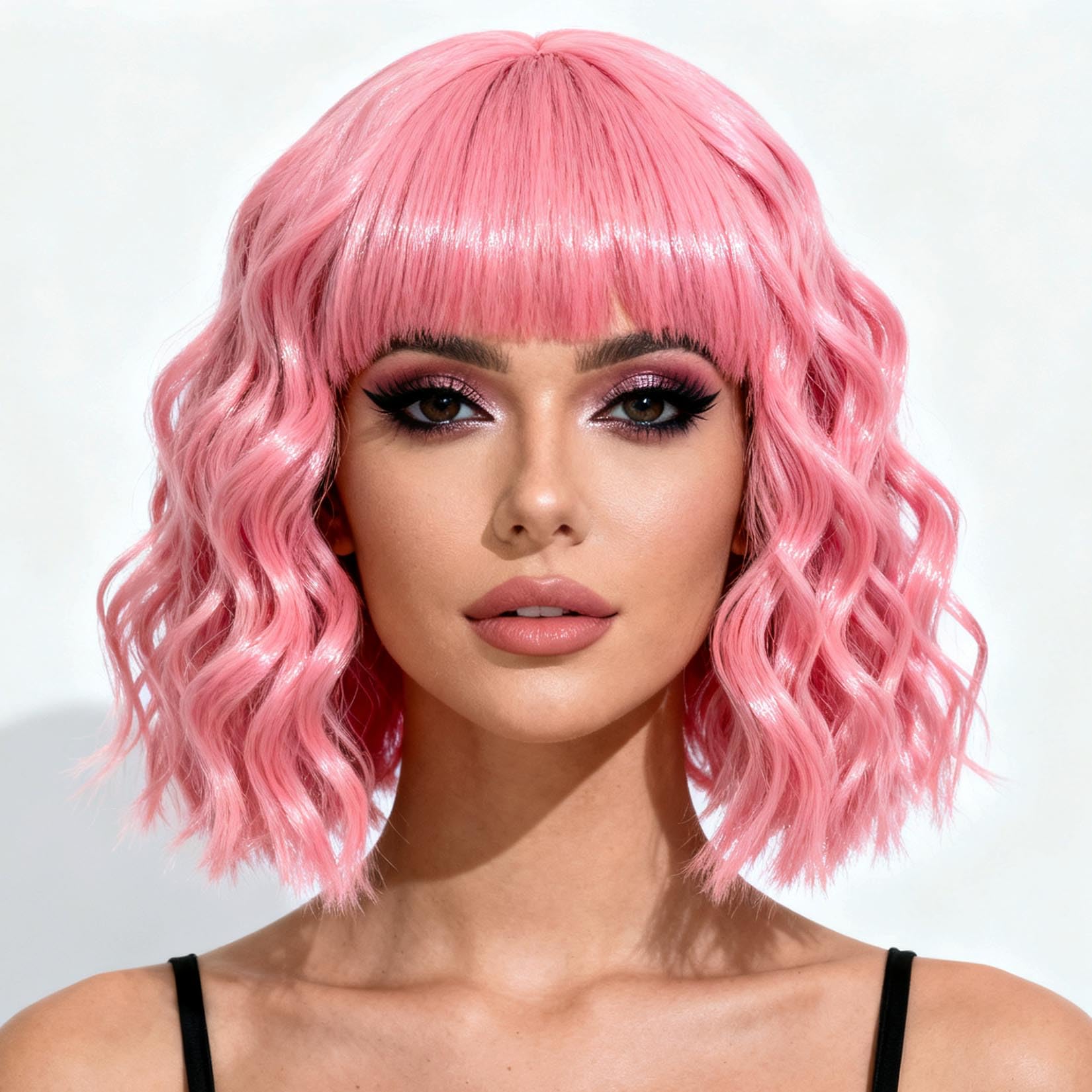 andromeda Purple Wig with Bangs Soft Short Bob Wavy Wigs for Women Synthetic Shoulder Length Women's Curly Wigs for Halloween Costumes Cosplay Daily (Purple)